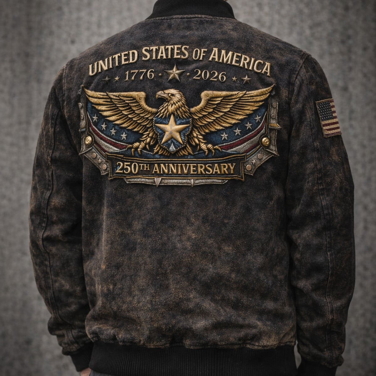 United States of America 250th Anniversary Bomber Jacket 1776-2026, Patriotic USA Eagle Coat, American Veteran Gift, Graphic Print Back