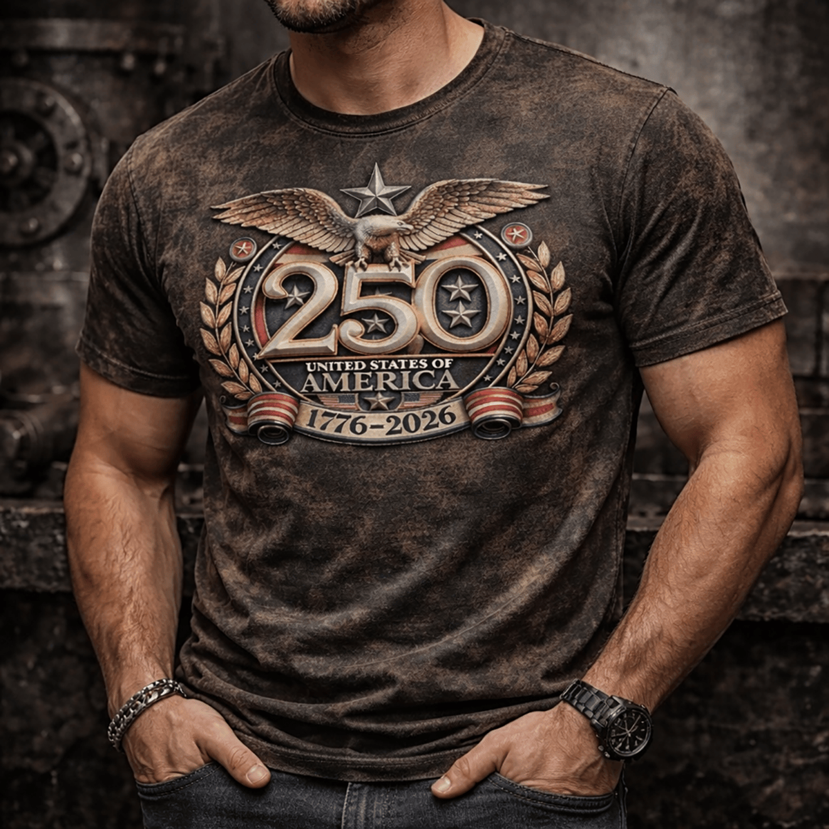 250 Years United States of America 1776-2026 Printed T-Shirt, Patriotic Eagle Graphic Print Tee, USA 250th Anniversary Gift