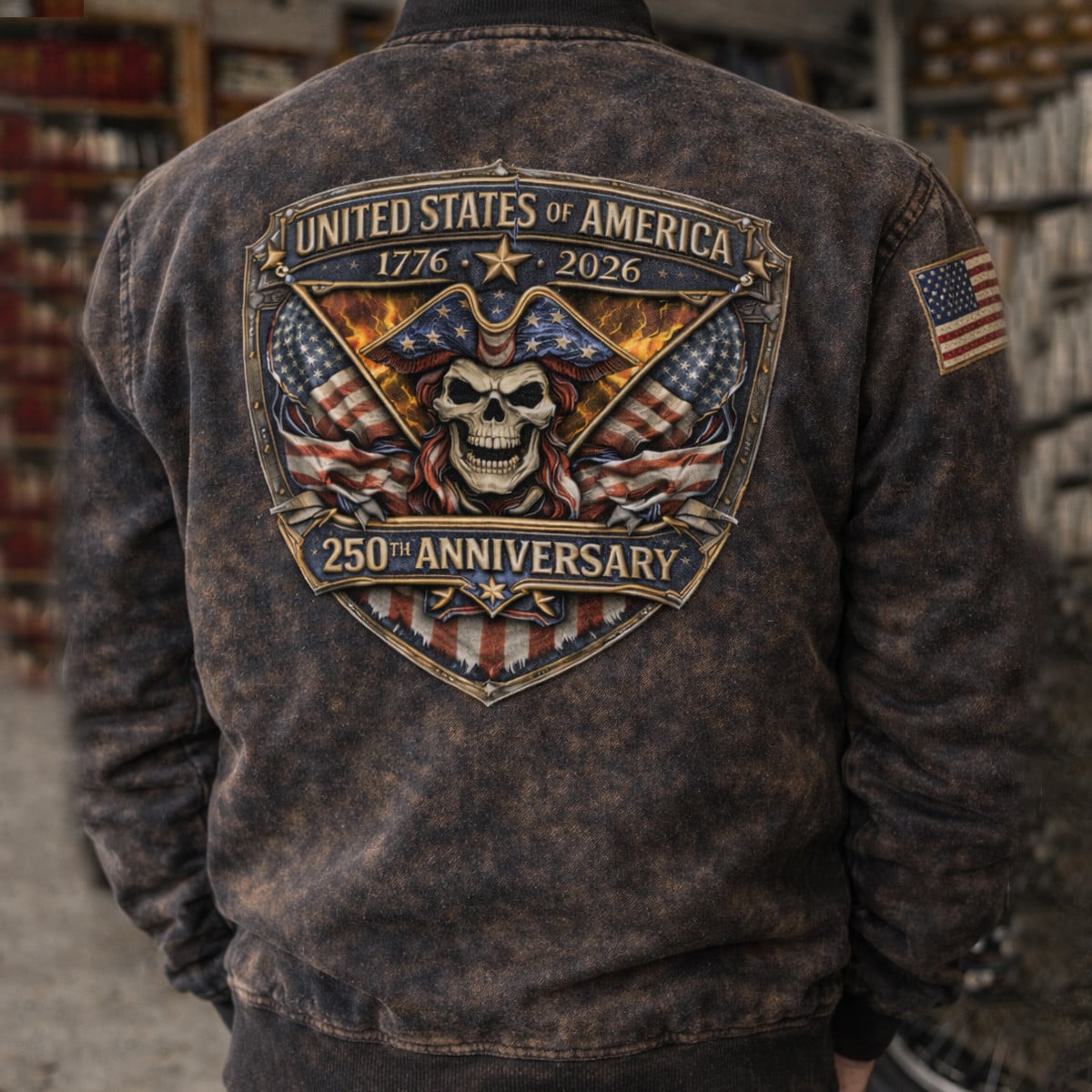 USA 250th Anniversary 1776-2026 Back Printed Bomber Jacket, Patriotic Skull American Flag Graphic Print Coat, 4th of July Gift