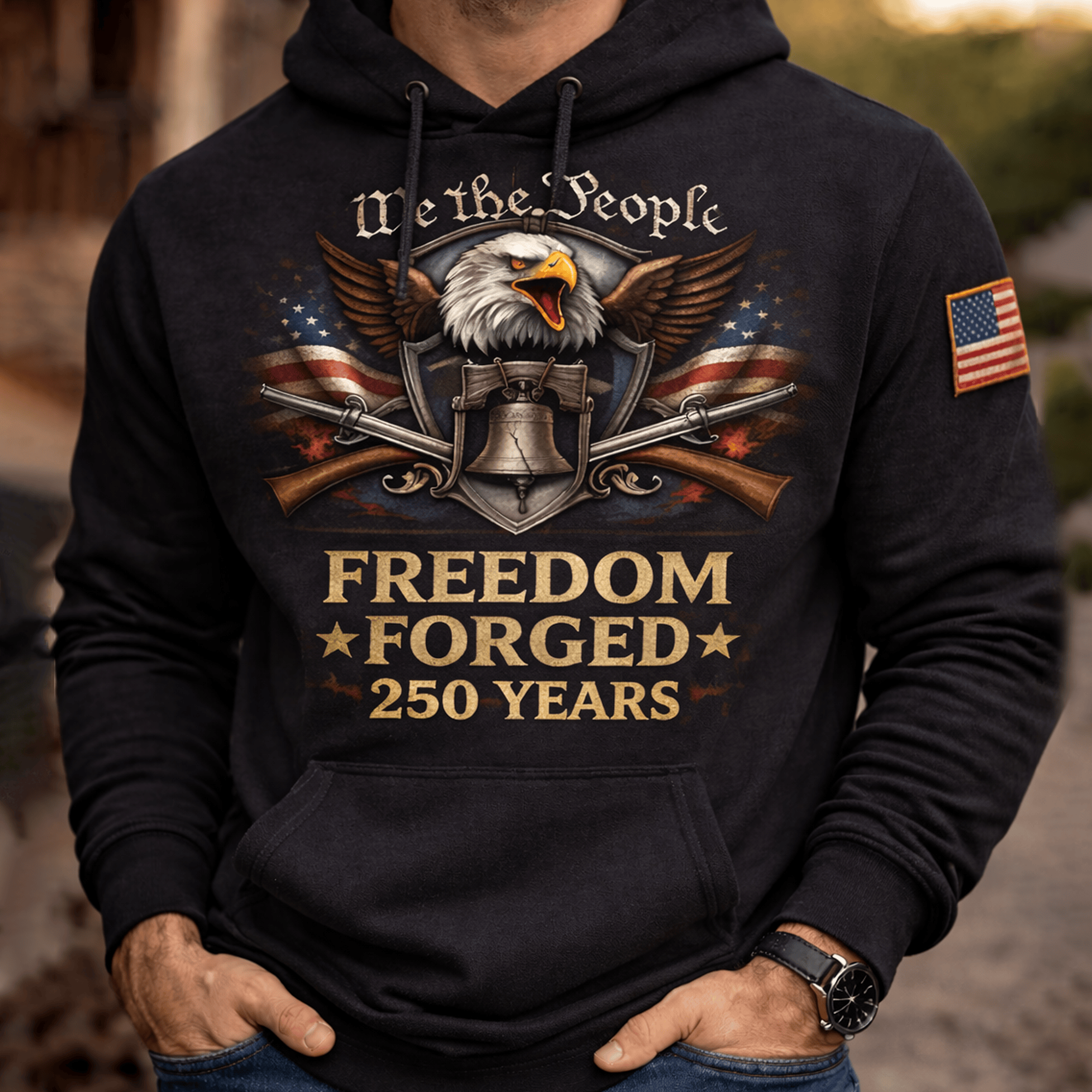We The People Freedom Forged 250 Years Printed Hoodie, Patriotic Eagle American Flag Graphic Print Sweatshirt USA 250th Gift