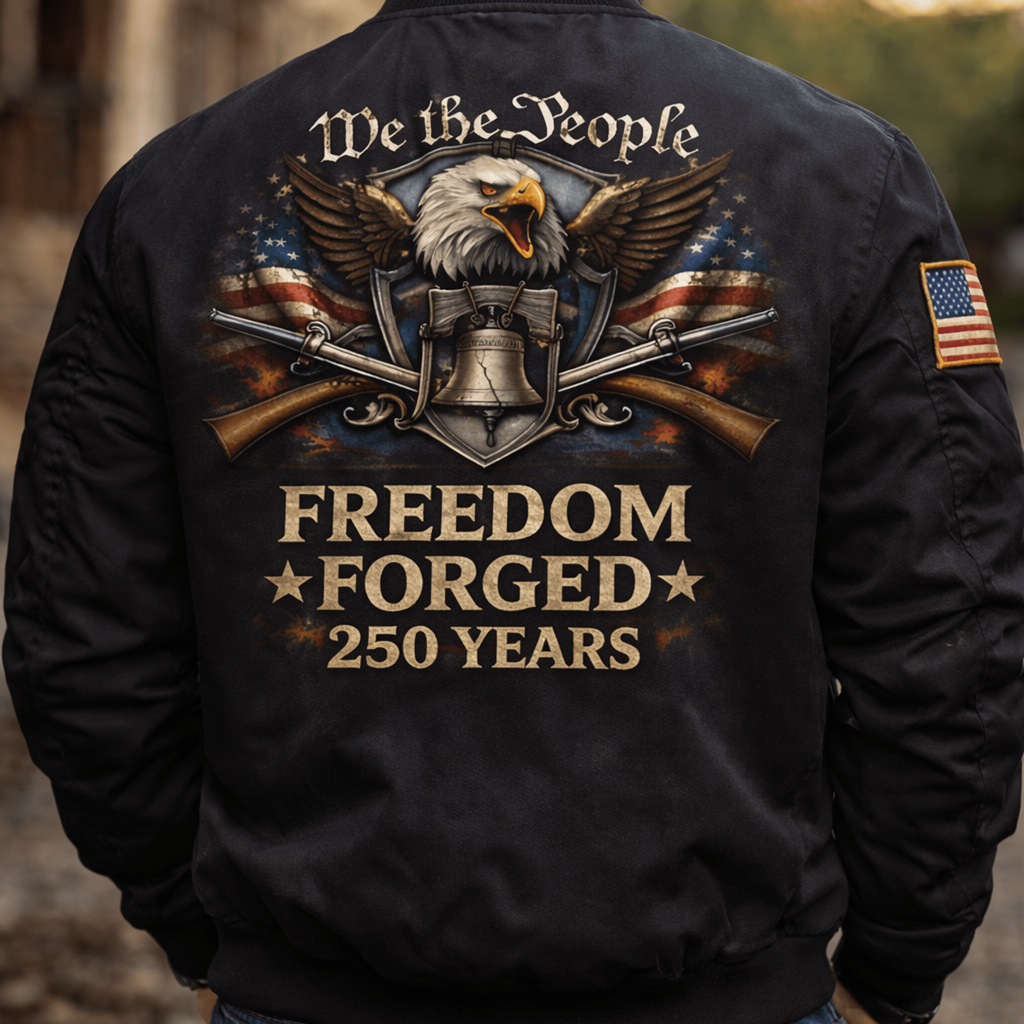 We The People Freedom Forged 250 Years Back Printed Bomber Jacket, Patriotic Eagle American Flag Graphic Print Coat USA Gift