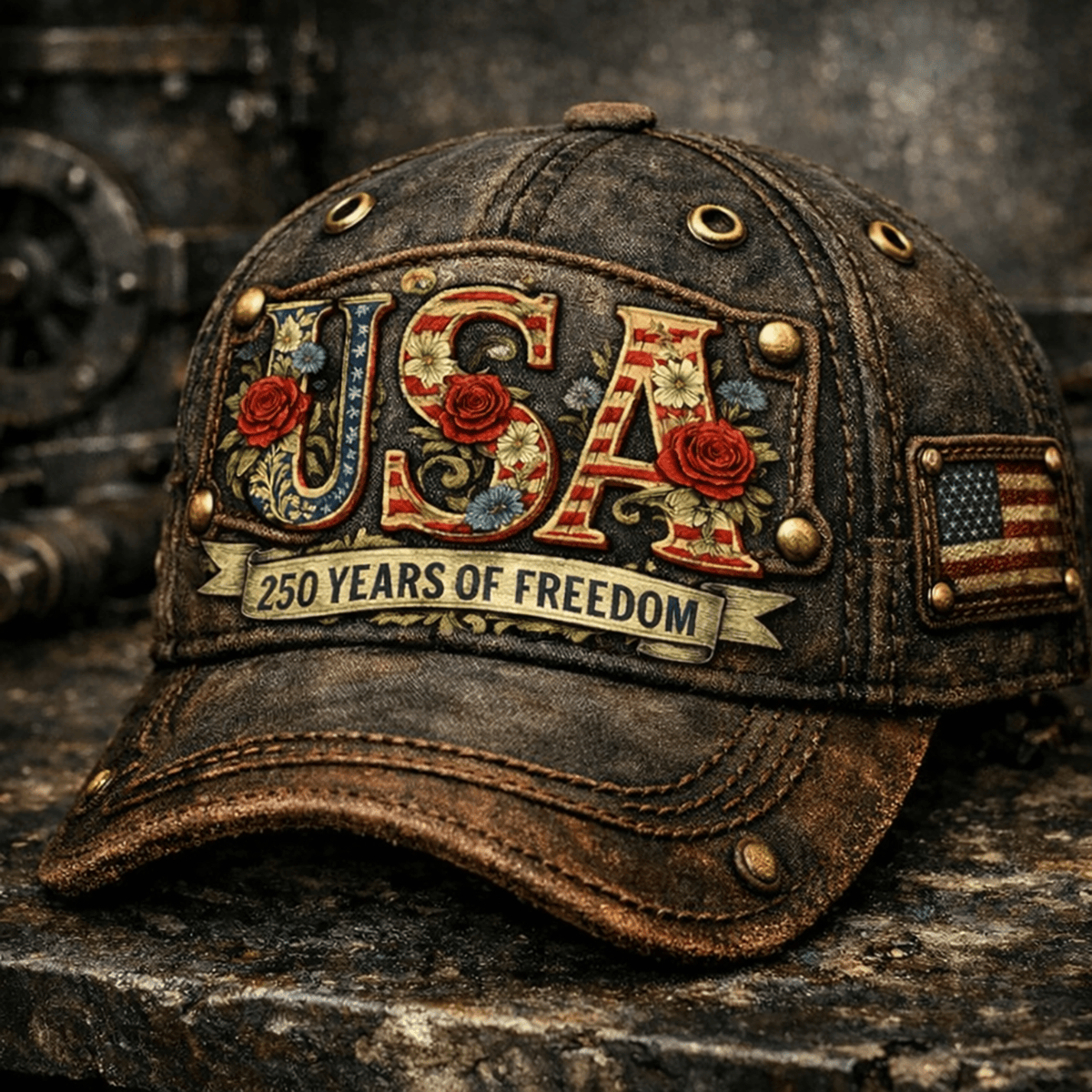 USA 250 Years of Freedom Printed Hat, Patriotic Floral USA Graphic Print Baseball Cap, Vintage Style American Flag Printed Trucker Hat, 4th of July Gift