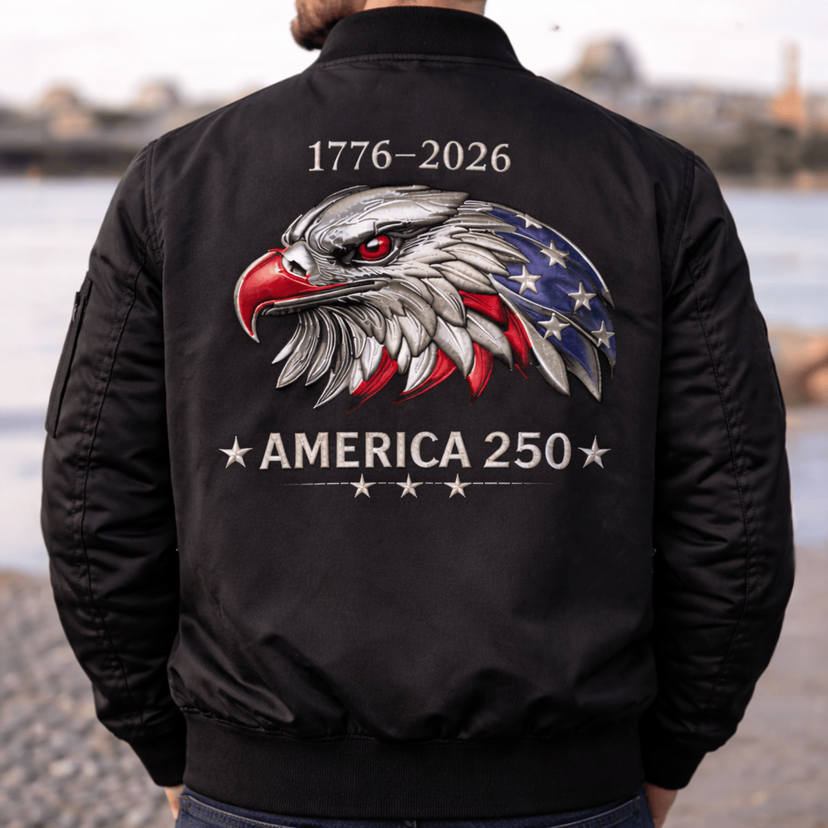 America 250 1776–2026 Printed Bomber Jacket, Patriotic Eagle USA 250th Anniversary Bomber Coat, Independence Gift