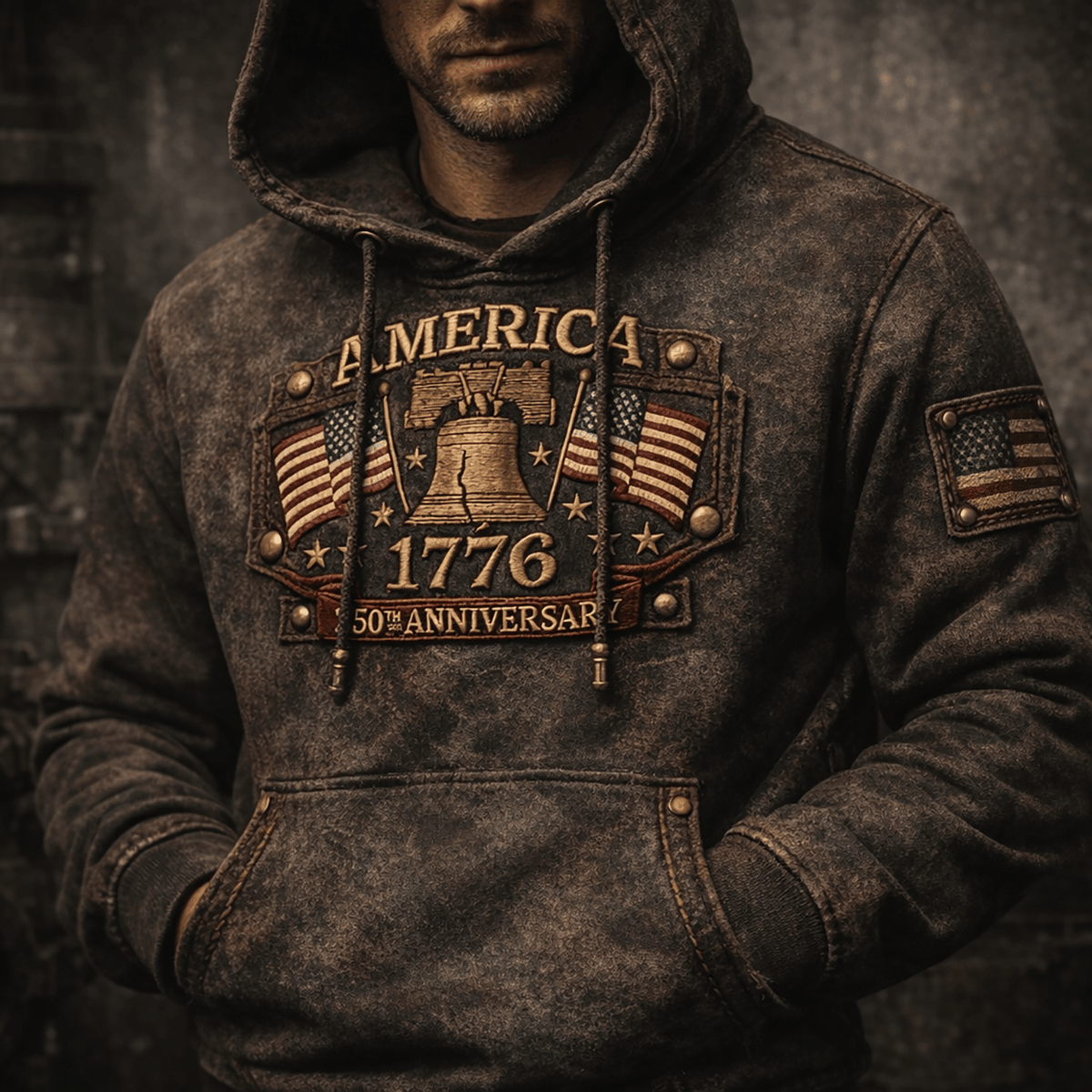 America 1776 250th Anniversary Hoodie, Patriotic USA With Liberty Bell And American Flag Graphic, Independence Day Pullover Gift For Men