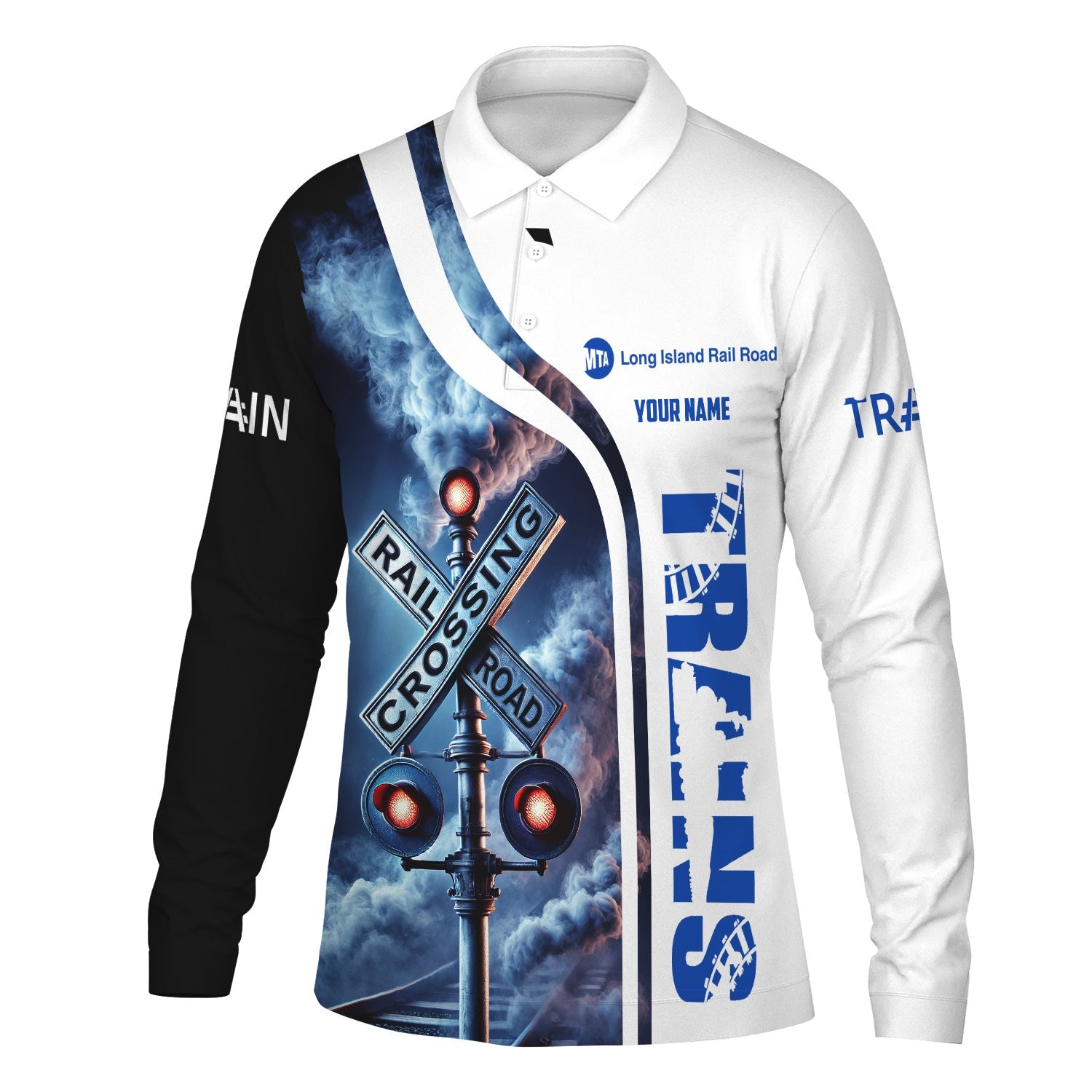 Railspirit Custom Name Long Island Railroad Long Sleeve Polo Shirt Railroad Crossing Sign Printed Shirt