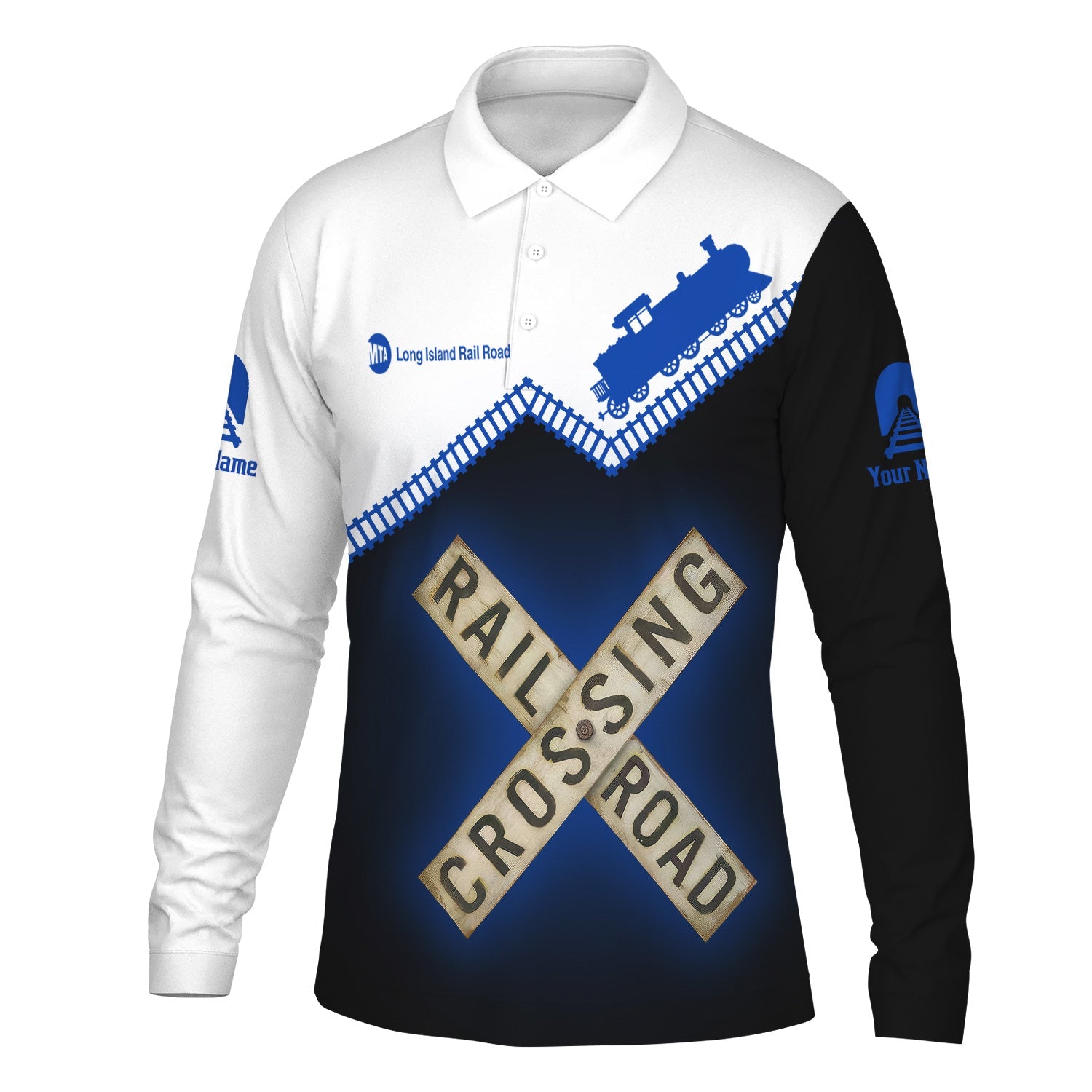 Railspirit Custom Name Long Island Railroad Long Sleeve Polo Shirt Railroad Crossing Printed Train Track Shirt