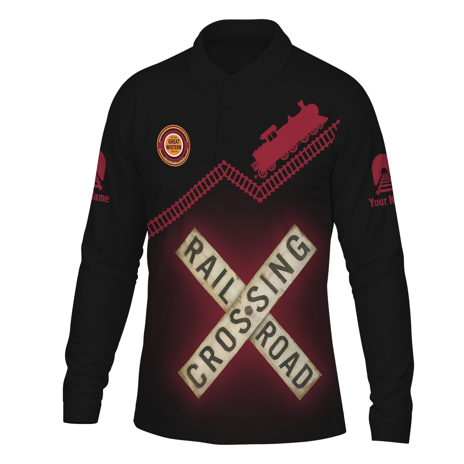 Railspirit Custom Name Chicago Great Western Railroad Long Sleeve Polo Shirt Railroad Crossing Printed Train Track Shirt