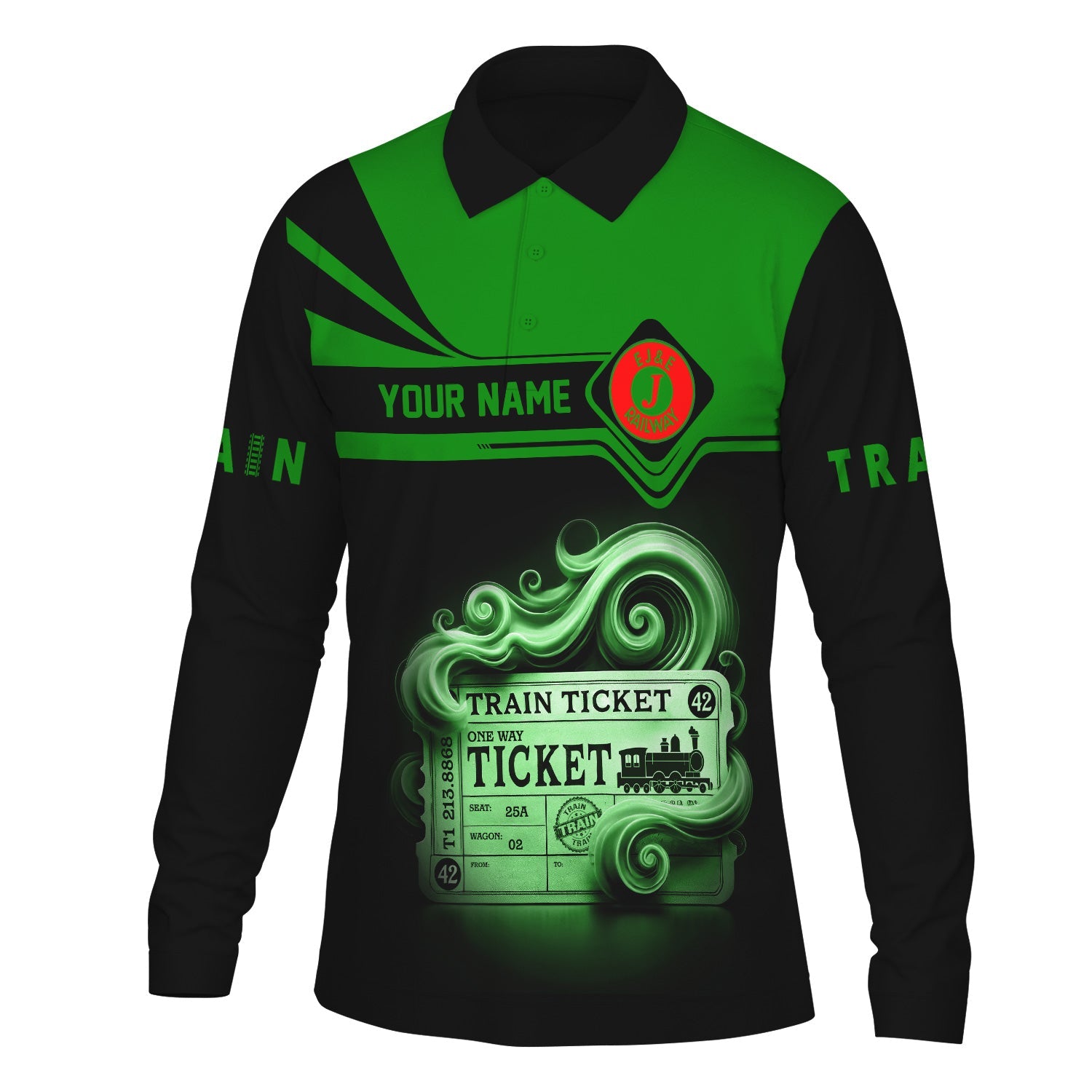 Railspirit Custom Name Elgin Joliet And Eastern Railroad Long Sleeve Polo Shirt Train Ticket Printed Shirt