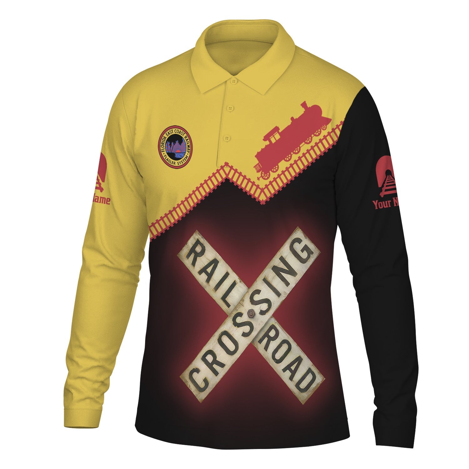 Railspirit Custom Name Florida East Coast Railway Long Sleeve Polo Shirt Railroad Crossing Printed Train Track Shirt