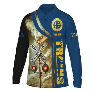 Railspirit Custom Name Alaska Railroad Long Sleeve Polo Shirt Railroad Crossing Sign Printed Shirt