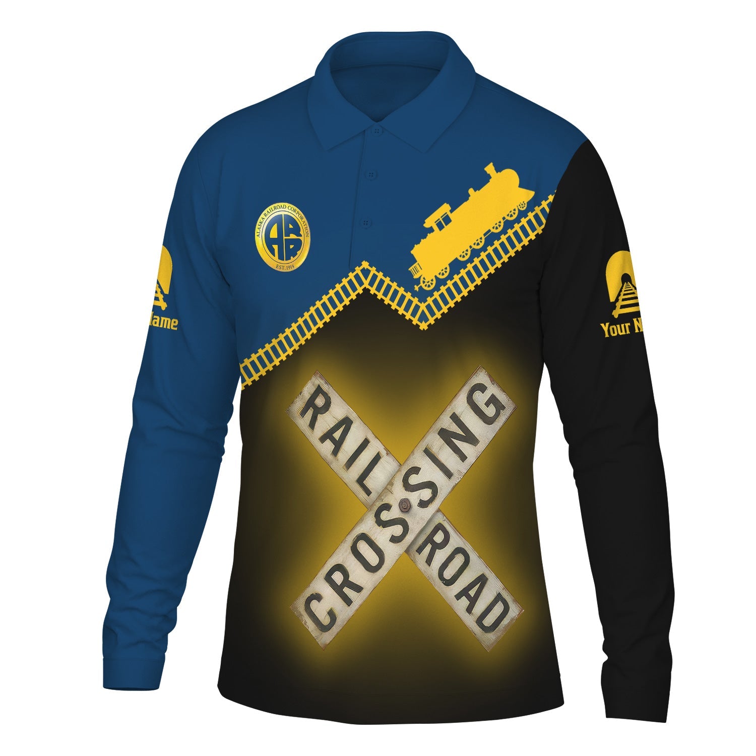 Railspirit Custom Name Alaska Railroad Long Sleeve Polo Shirt Railroad Crossing Printed Train Track Shirt