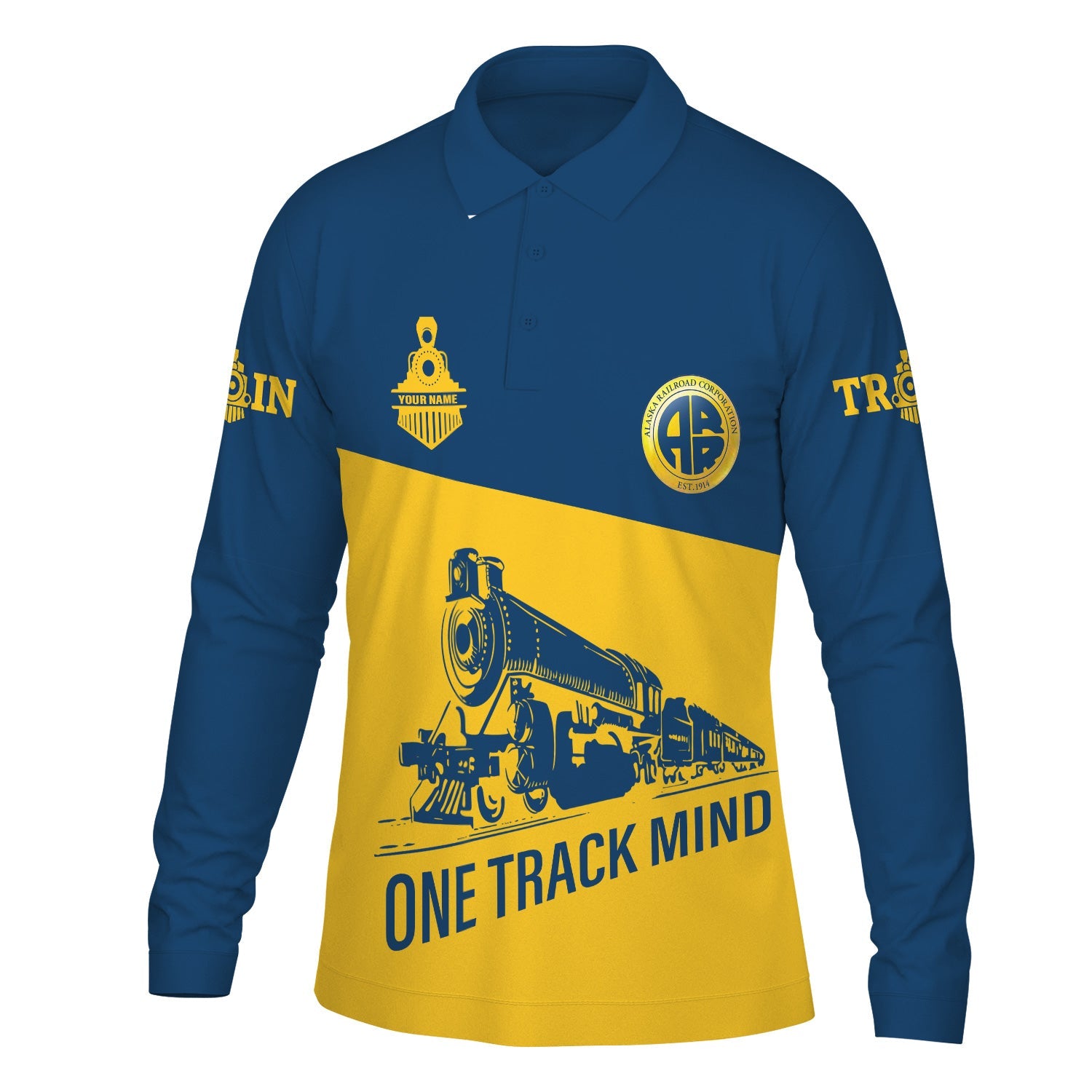 Railspirit Custom Name Alaska Railroad Long Sleeve Polo Shirt One Track Mind Printed Shirt
