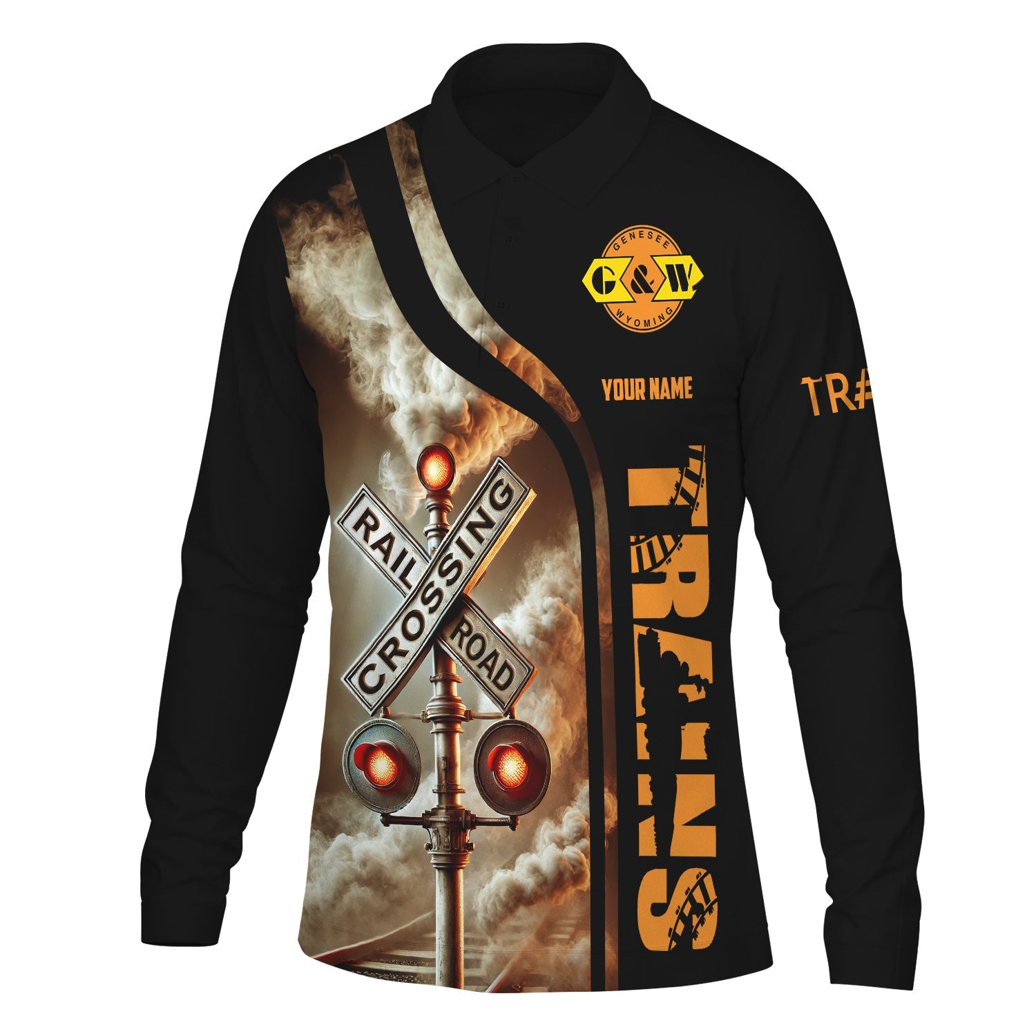 Railspirit Custom Name Genesee & Wyoming Inc. Railroad Long Sleeve Polo Shirt Railroad Crossing Sign Printed Shirt