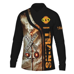 Railspirit Custom Name Genesee & Wyoming Inc. Railroad Long Sleeve Polo Shirt Railroad Crossing Sign Printed Shirt