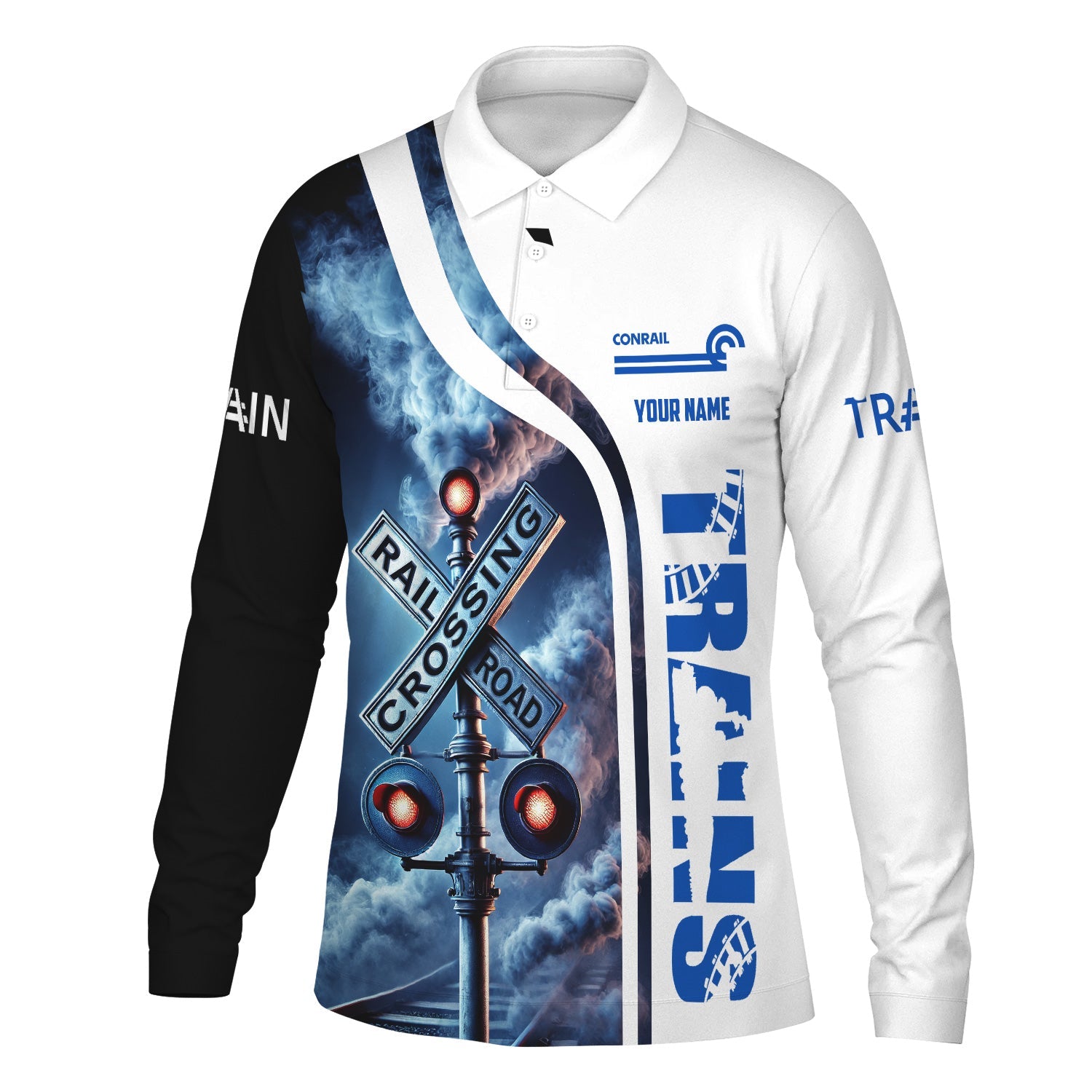 Railspirit Custom Name Conrail Railroad Long Sleeve Polo Shirt Railroad Crossing Sign Printed Shirt
