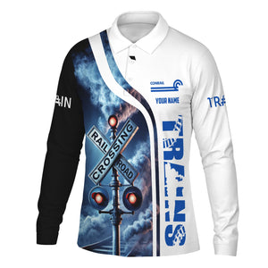 Railspirit Custom Name Conrail Railroad Long Sleeve Polo Shirt Railroad Crossing Sign Printed Shirt