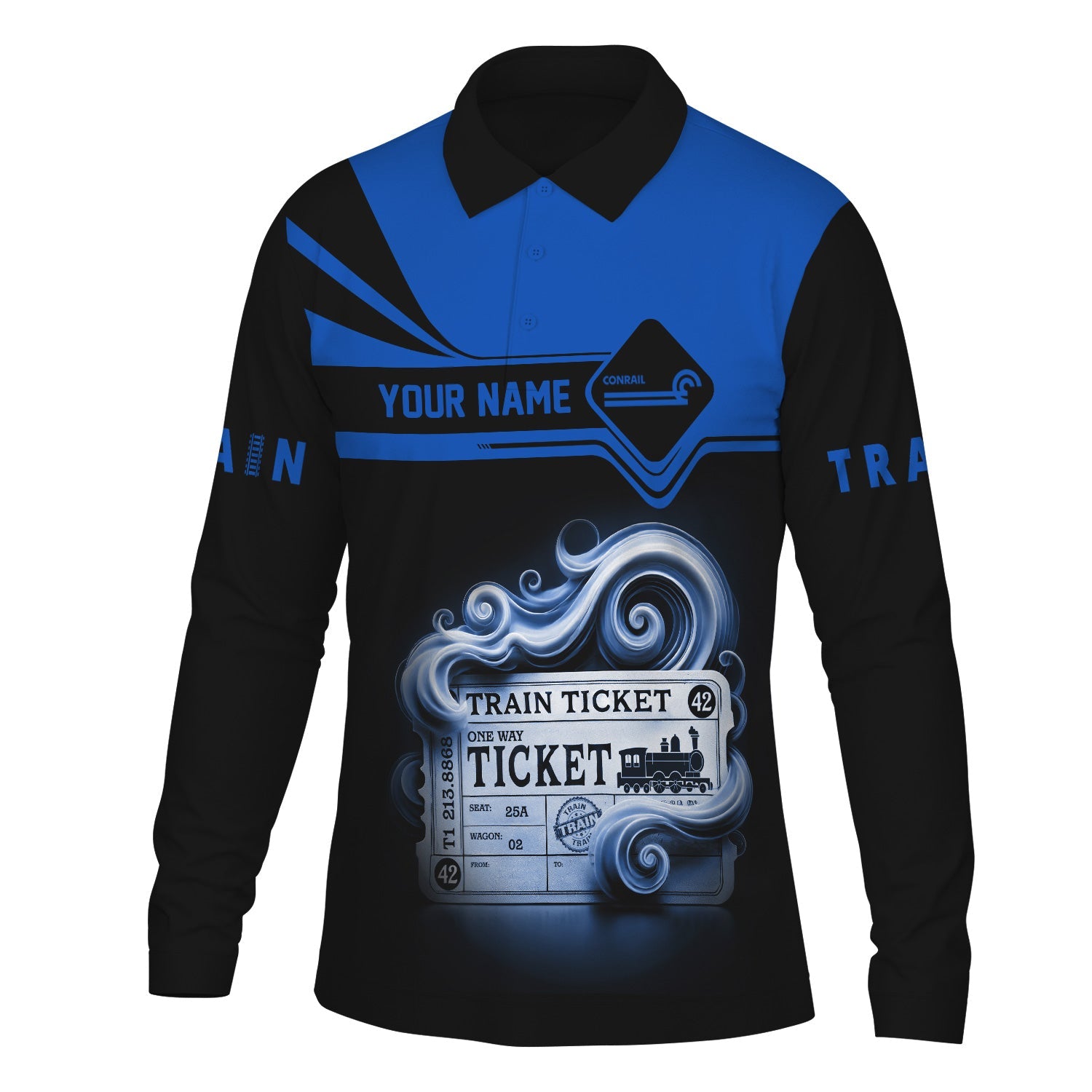 Railspirit Custom Name Conrail Railroad Long Sleeve Polo Shirt Train Ticket Printed Shirt