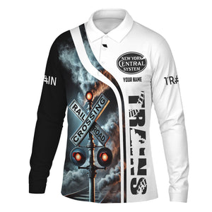Railspirit Custom Name New York Central Railroad Long Sleeve Polo Shirt Railroad Crossing Sign Printed Shirt