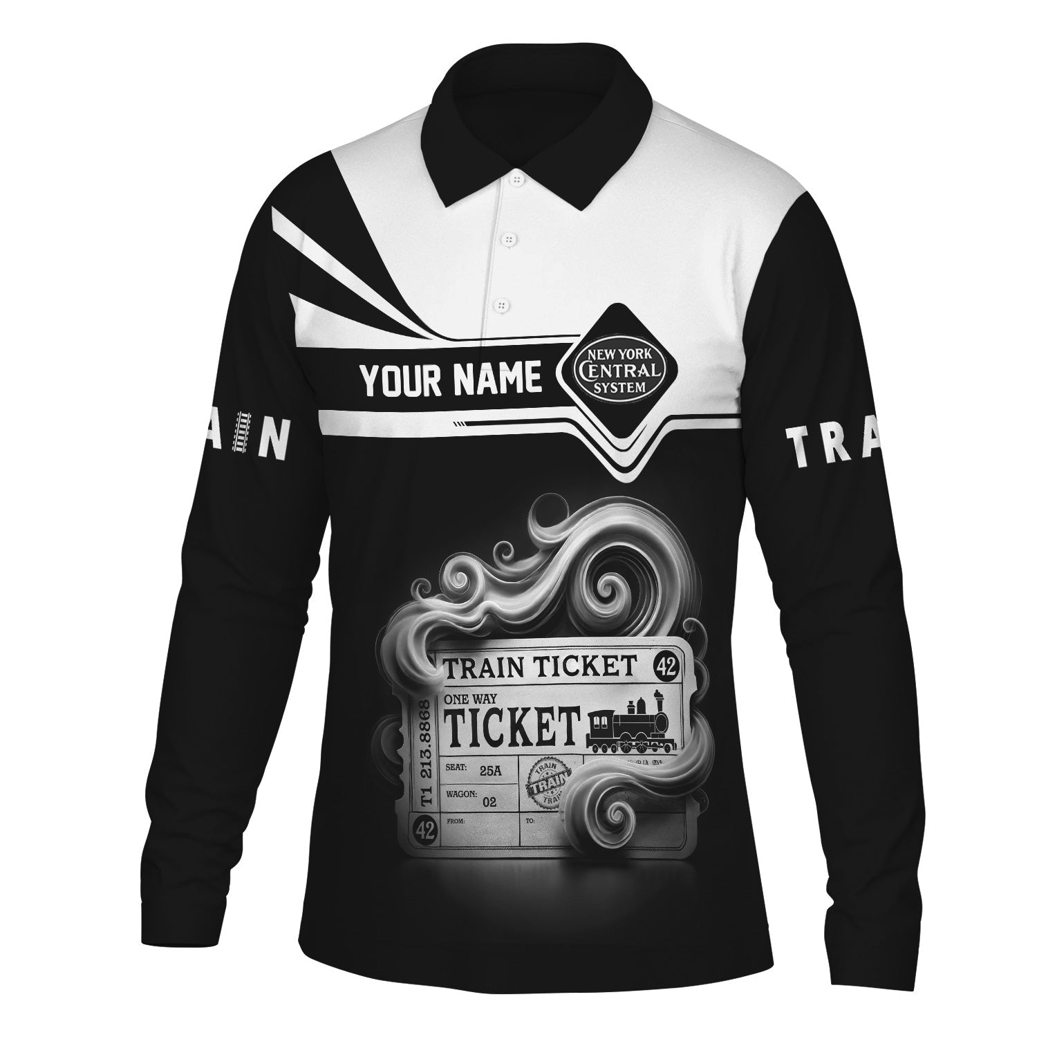 Railspirit Custom Name New York Central Railroad Long Sleeve Polo Shirt Train Ticket Printed Shirt