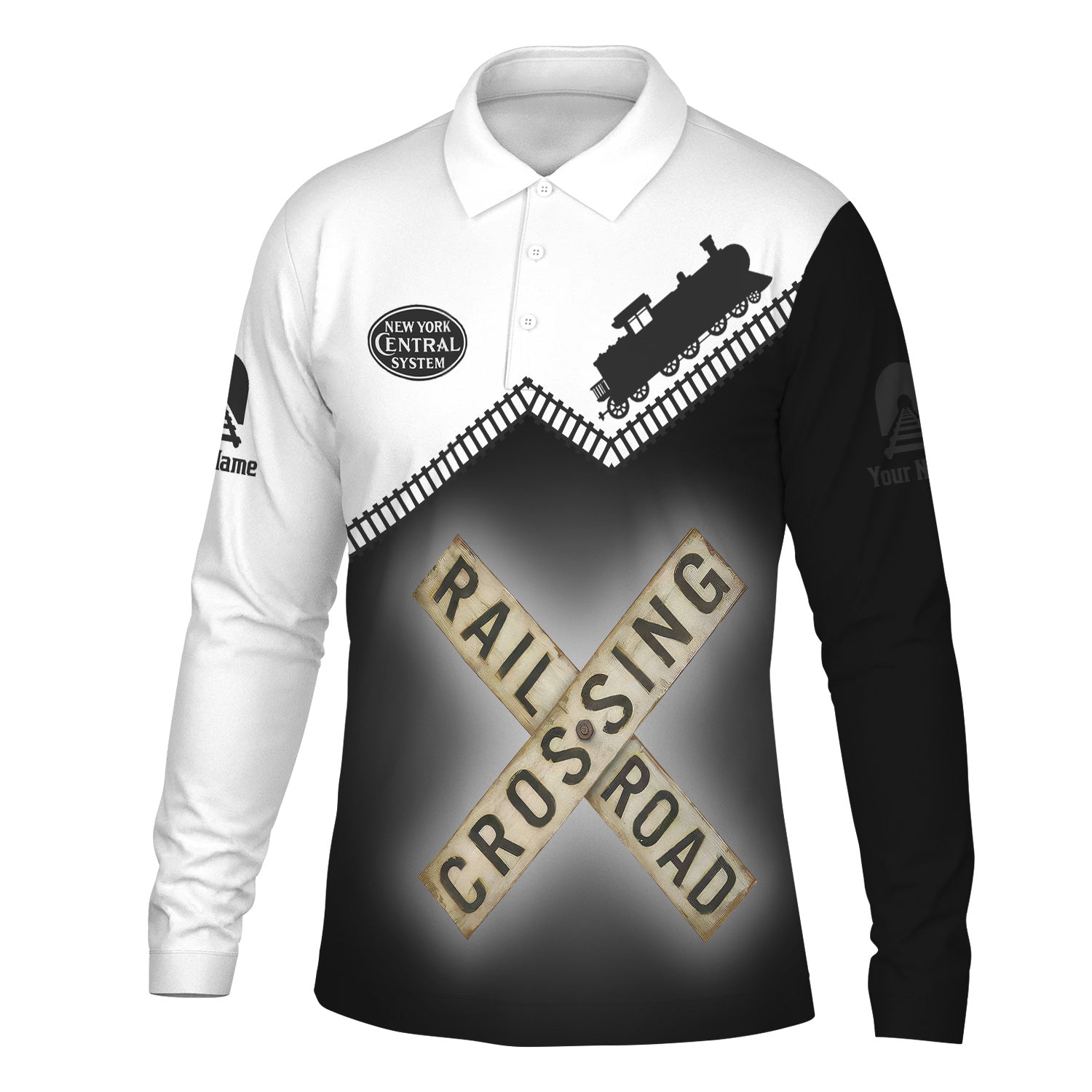 Railspirit Custom Name New York Central Railroad Long Sleeve Polo Shirt Railroad Crossing Printed Train Track Shirt
