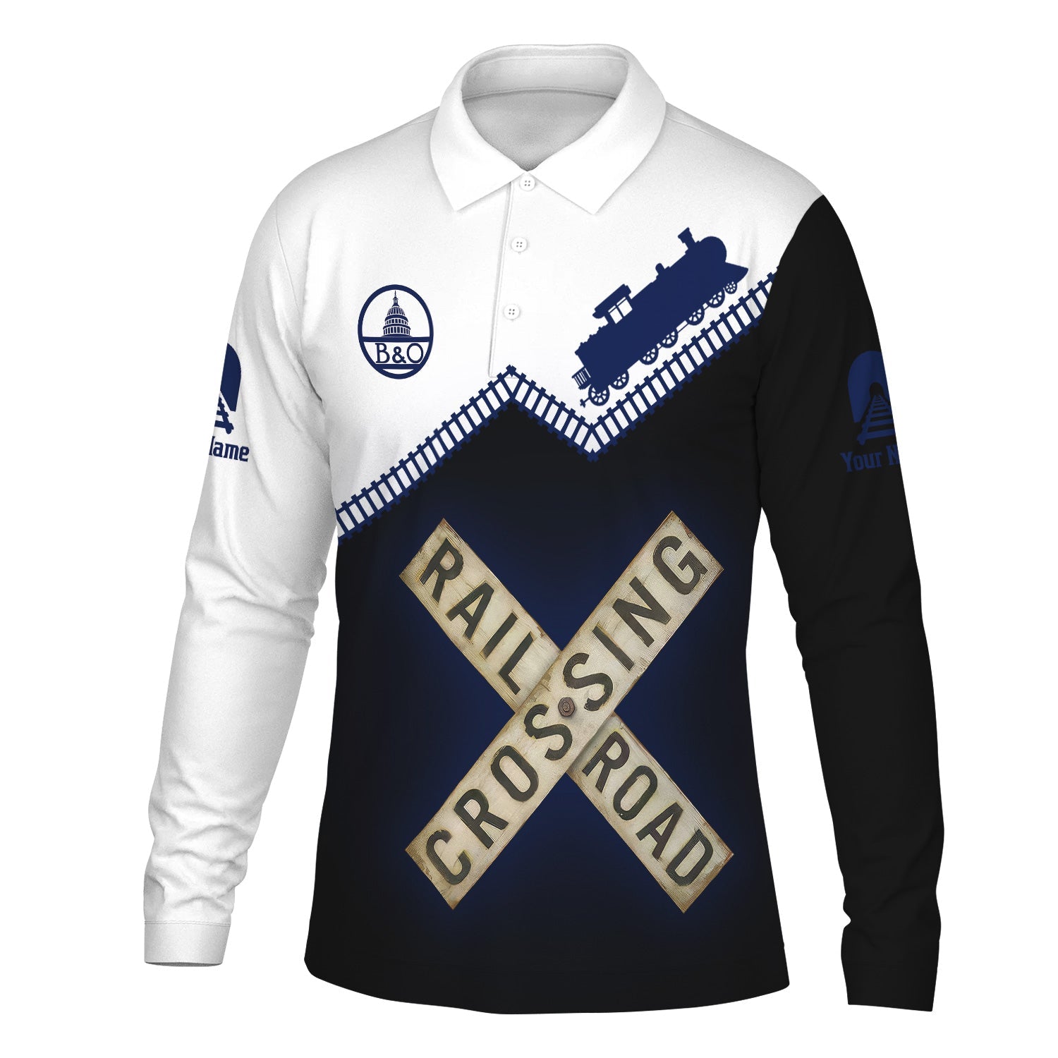 Railspirit Custom Name Baltimore and Ohio Railroad Long Sleeve Polo Shirt Railroad Crossing B&O Printed Train Track Shirt