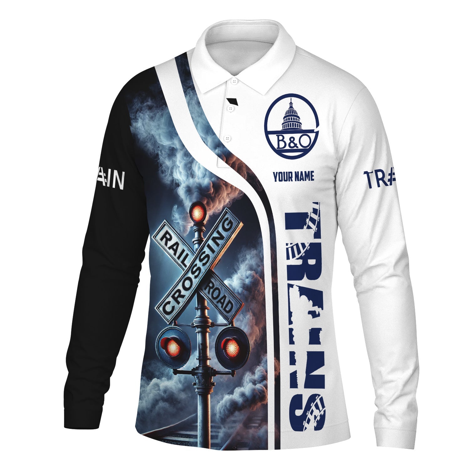 Railspirit Custom Name Baltimore and Ohio Railroad Long Sleeve Polo Shirt Railroad Crossing Sign B&O Printed Shirt