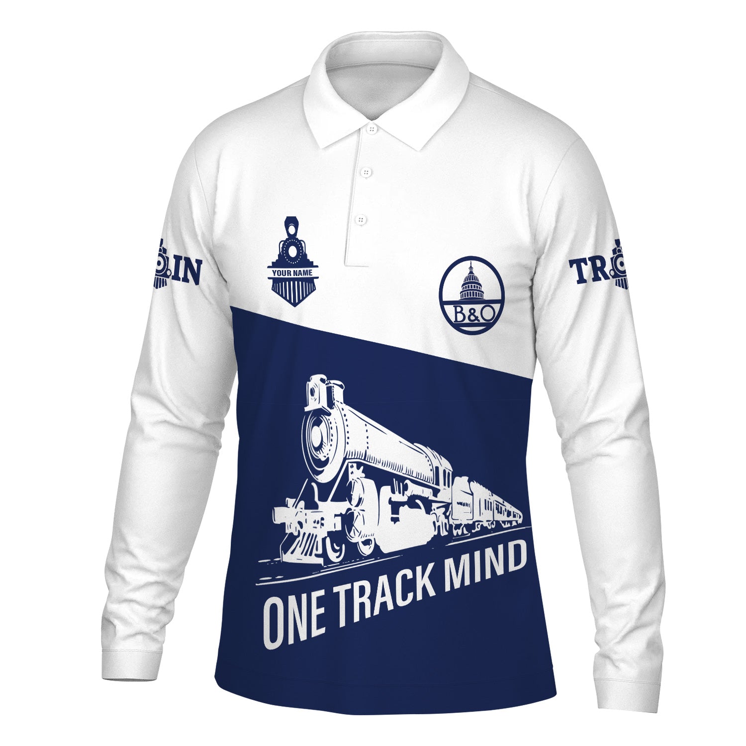 Railspirit Custom Name Baltimore and Ohio Railroad Long Sleeve Polo Shirt One Track Mind B&O Printed Shirt