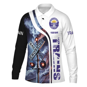 Railspirit Custom Name Southern Pacific Railroad Long Sleeve Polo Shirt Railroad Crossing Sign Printed Shirt