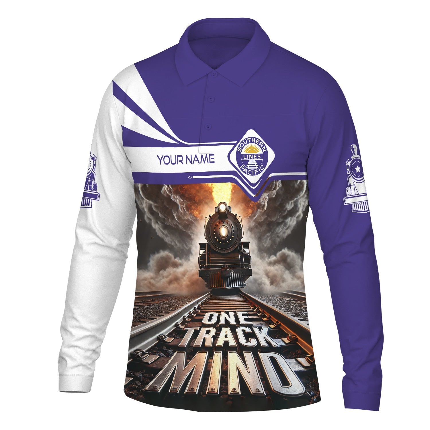 Railspirit Personalized Southern Pacific Railroad Long Sleeve Polo Shirt One Track Mind Train Printed Shirt