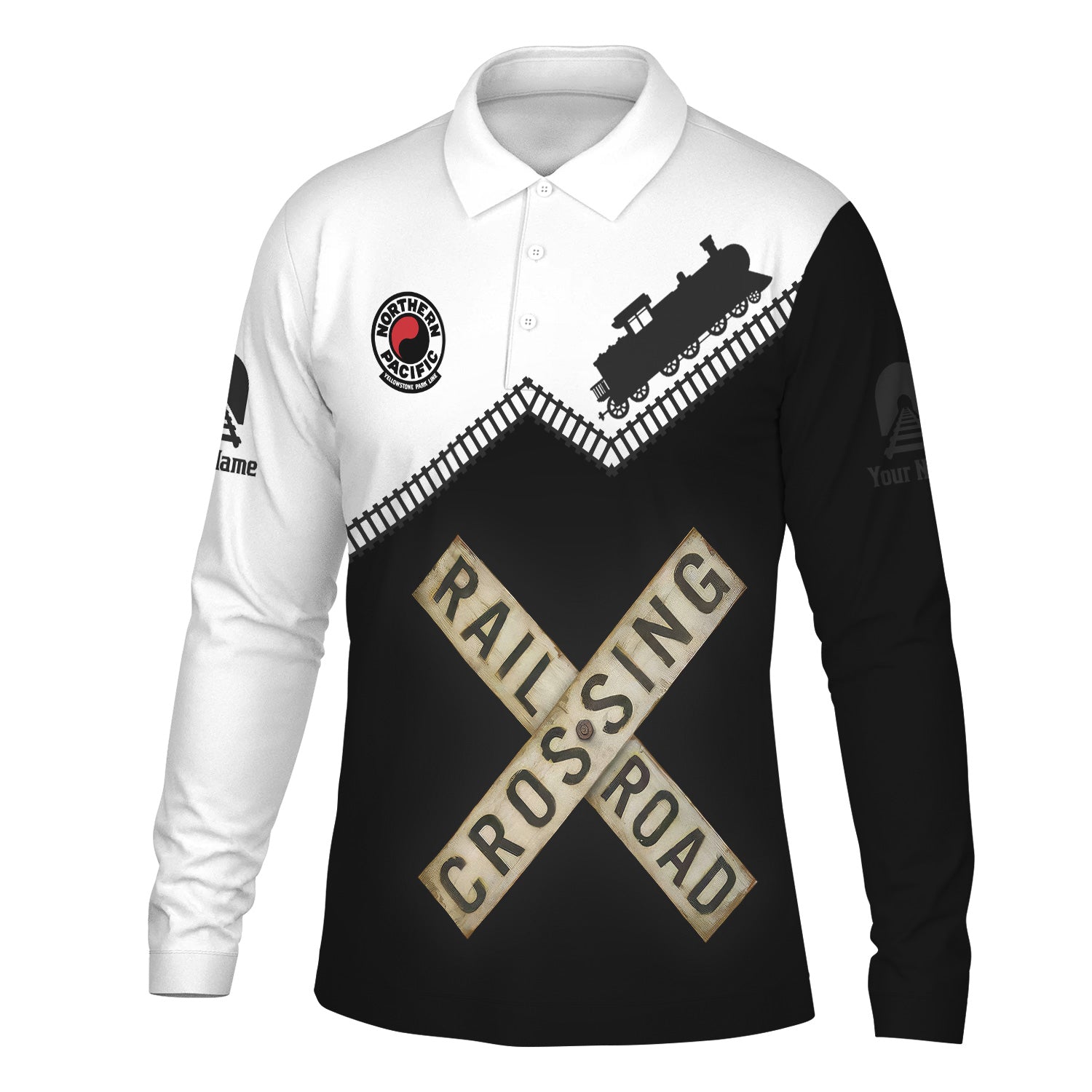 Railspirit Custom Name Northern Pacific Railway Long Sleeve Polo Shirt Railroad Crossing Printed Train Track Shirt