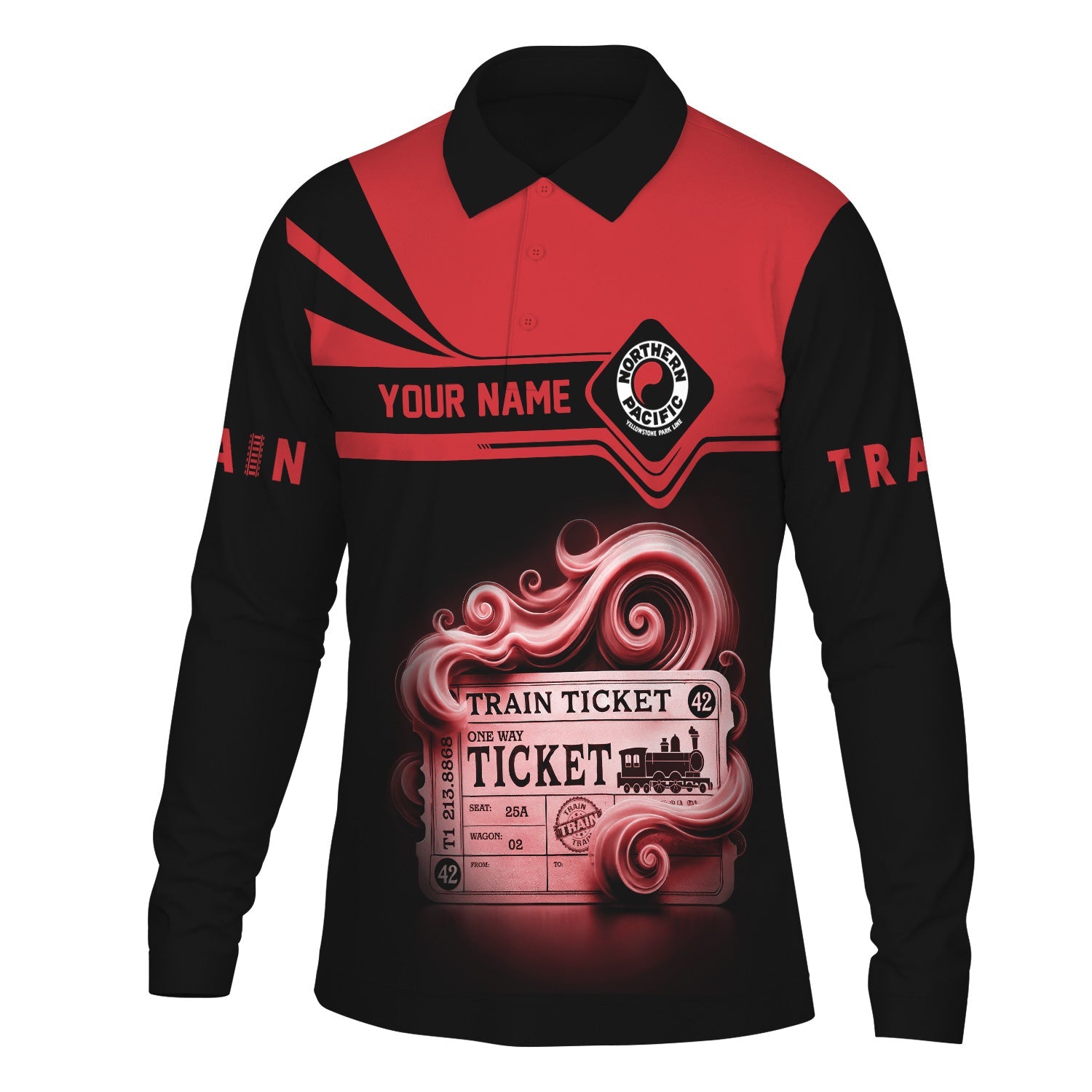 Railspirit Custom Name Northern Pacific Railway Long Sleeve Polo Shirt Train Ticket Printed Shirt