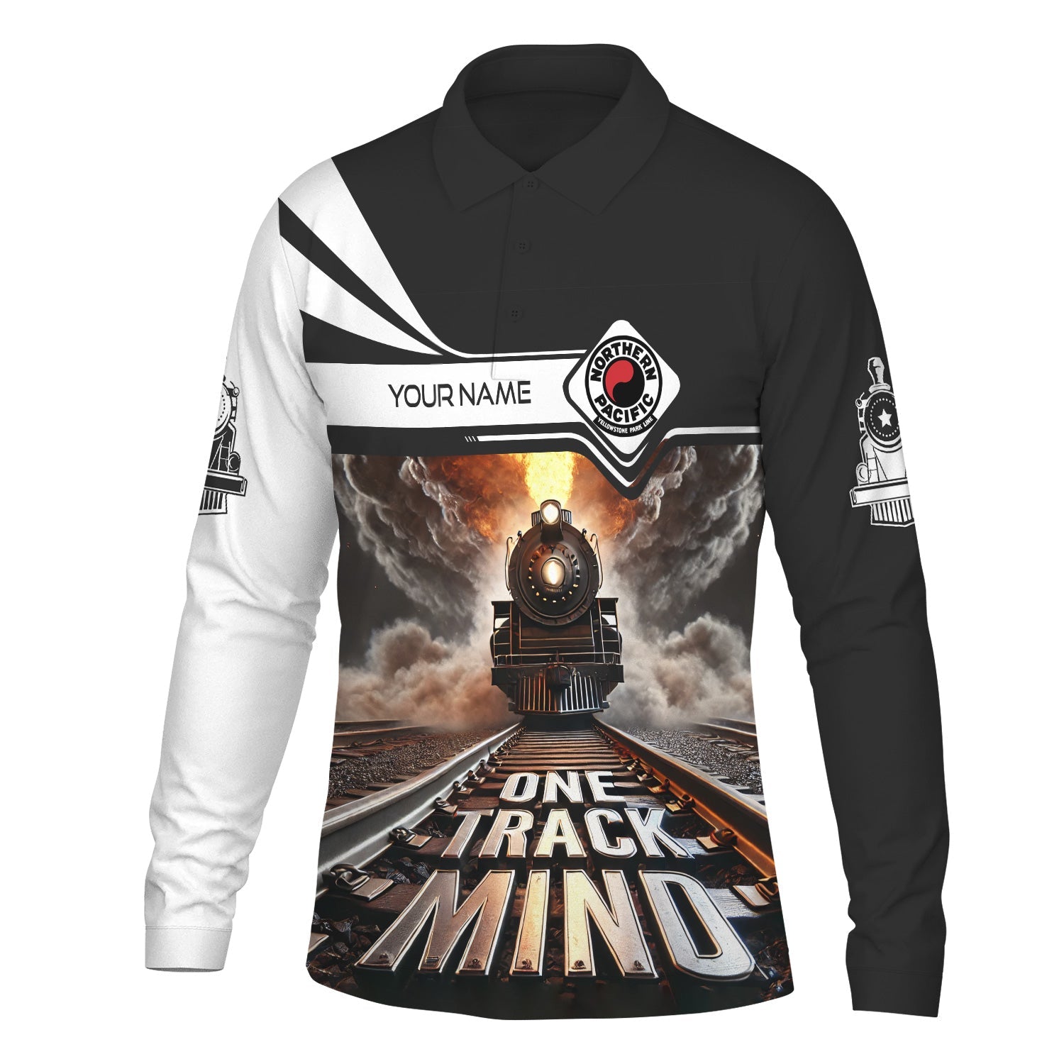 Railspirit Personalized Northern Pacific Railway Long Sleeve Polo Shirt One Track Mind Train Printed Shirt