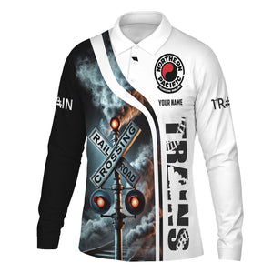 Railspirit Custom Name Northern Pacific Railway Long Sleeve Polo Shirt Railroad Crossing Sign Printed Shirt
