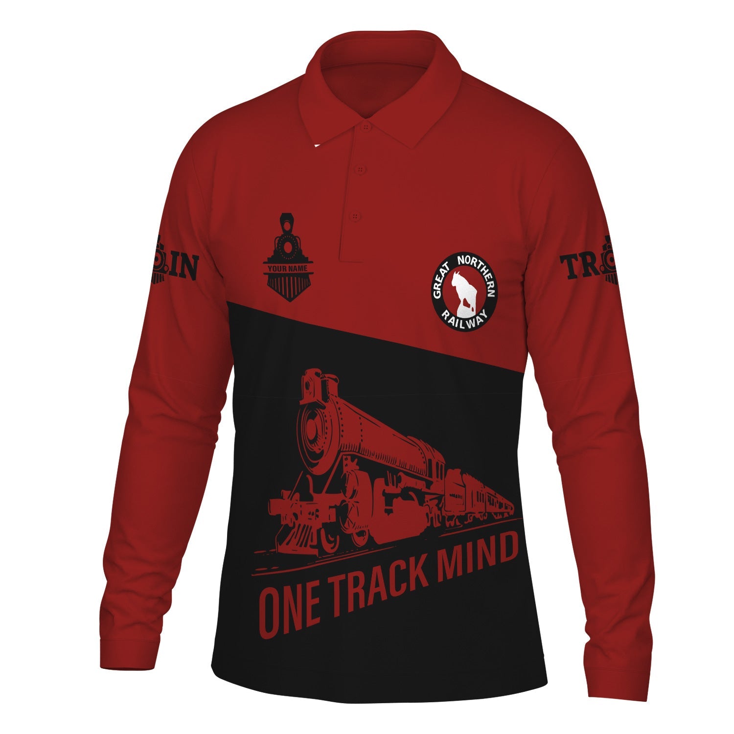 Railspirit Custom Name Great Northern Railway Long Sleeve Polo Shirt One Track Mind GNR Printed Shirt