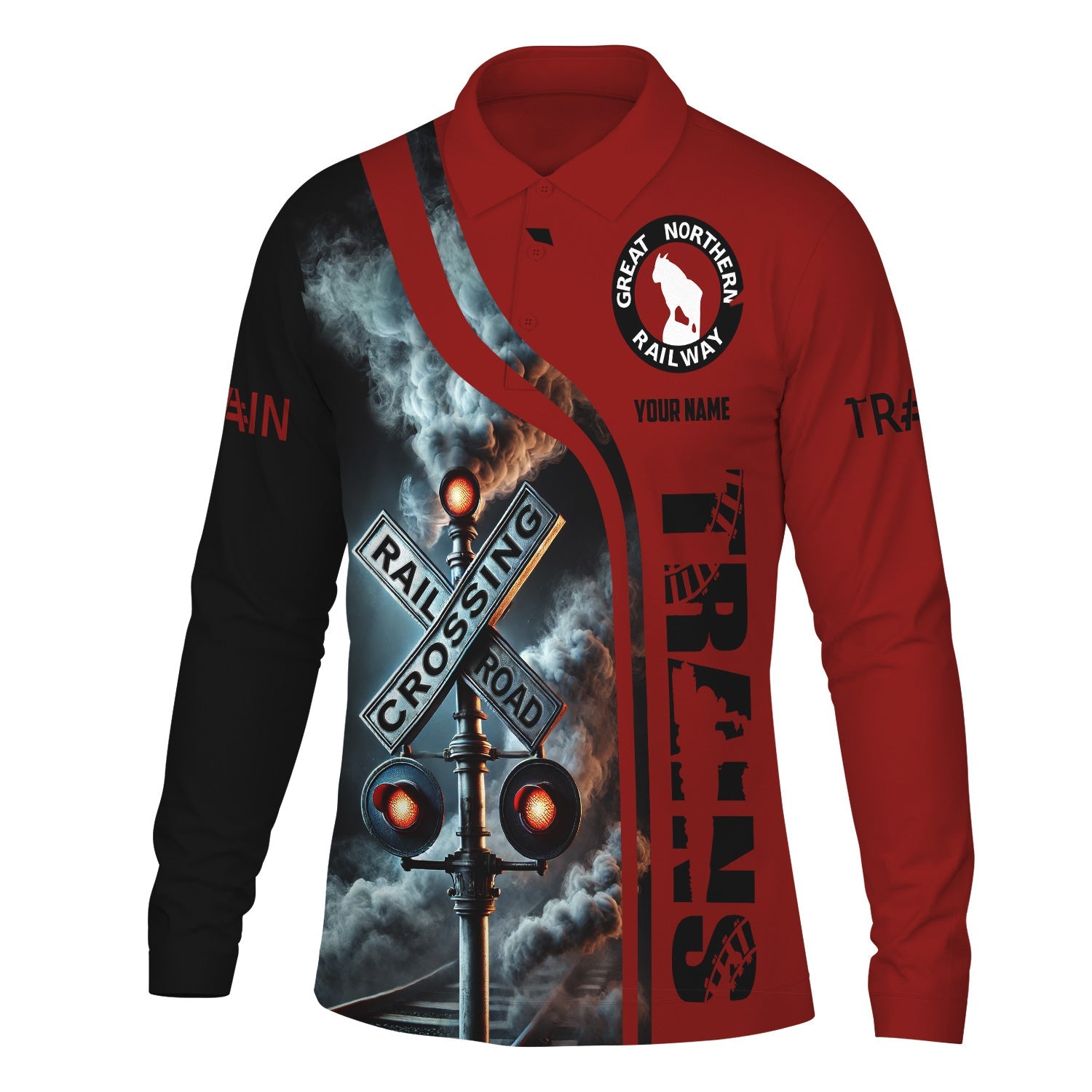Railspirit Custom Name Great Northern Railway Long Sleeve Polo Shirt Railroad Crossing Sign GNR Printed Shirt