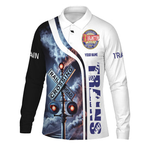 Railspirit Custom Name Chicago, Burlington and Quincy Railroad Long Sleeve Polo Shirt Railroad Crossing Sign Printed Shirt