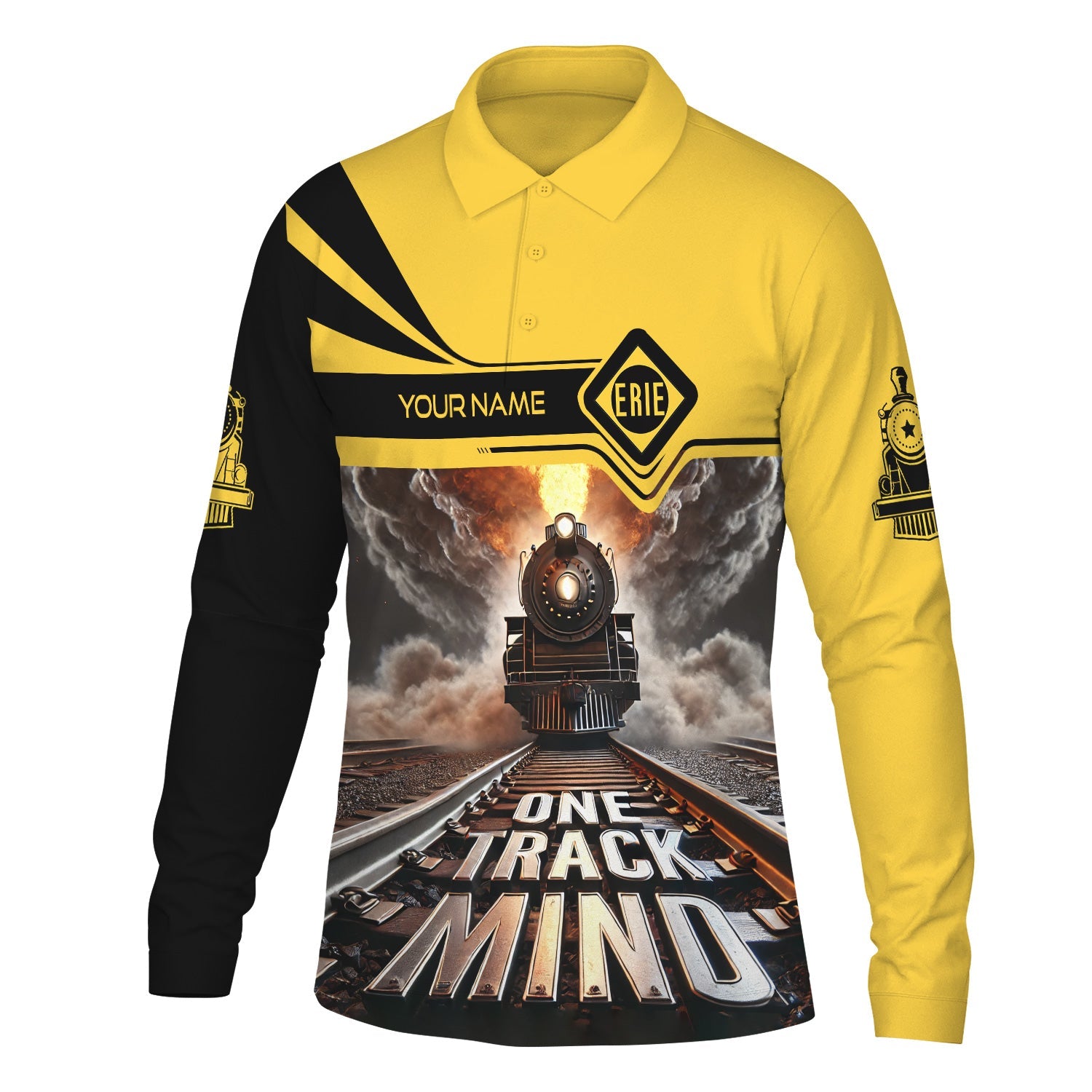 Railspirit Personalized Erie Railroad Long Sleeve Polo Shirt One Track Mind Train Printed Shirt