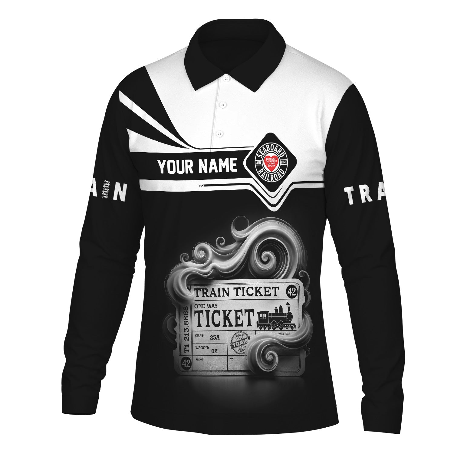 Railspirit Custom Name Seaboard Air Line Railroad Long Sleeve Polo Shirt Train Ticket Printed Shirt