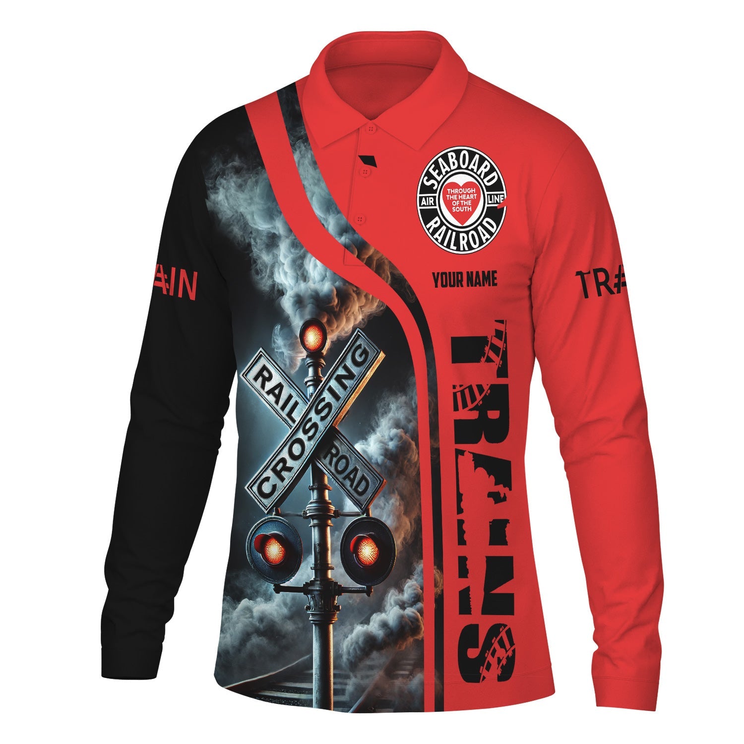 Railspirit Custom Name Seaboard Air Line Railroad Long Sleeve Polo Shirt Railroad Crossing Sign Printed Shirt