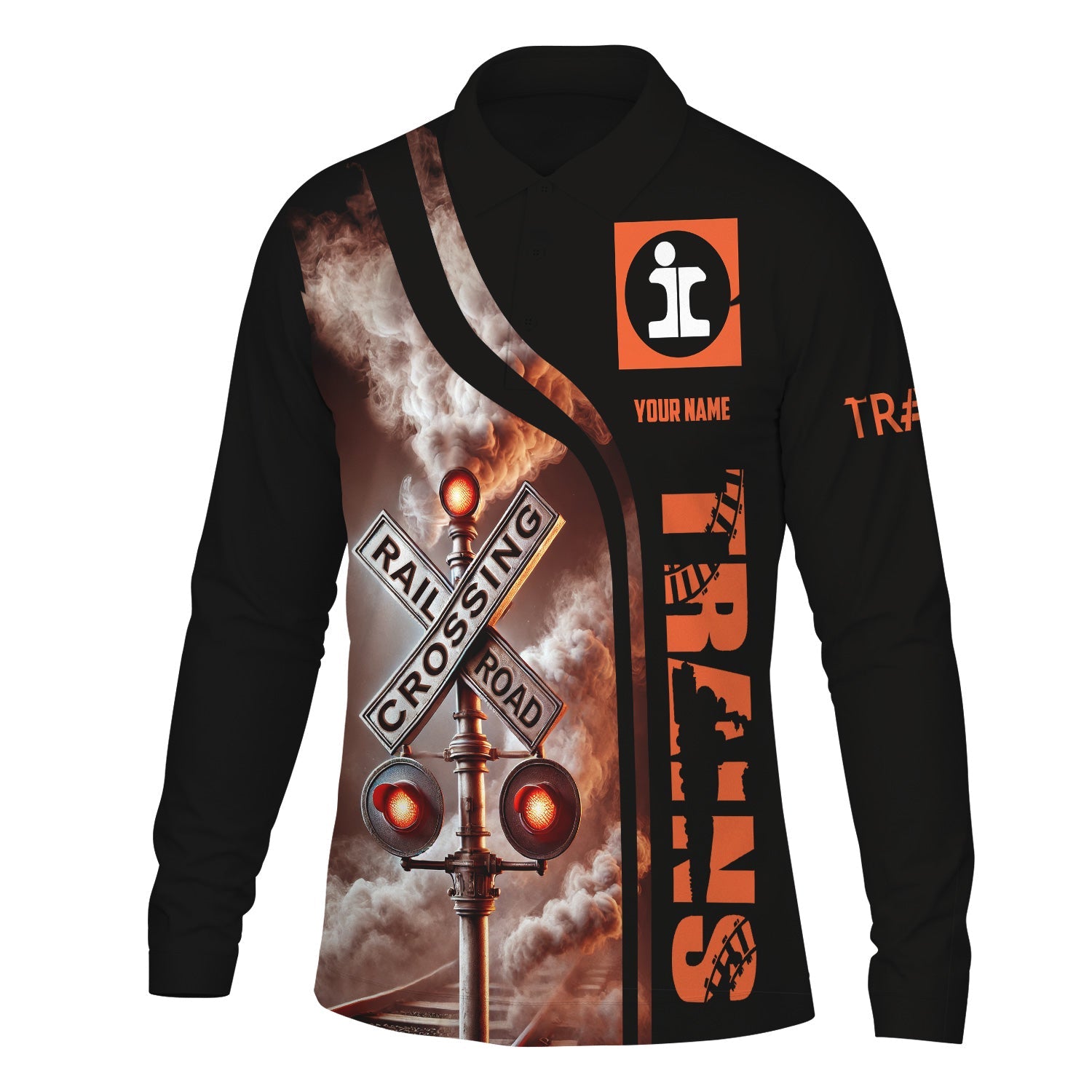 Railspirit Custom Name Illinois Central Railroad Long Sleeve Polo Shirt Railroad Crossing Sign Printed Shirt