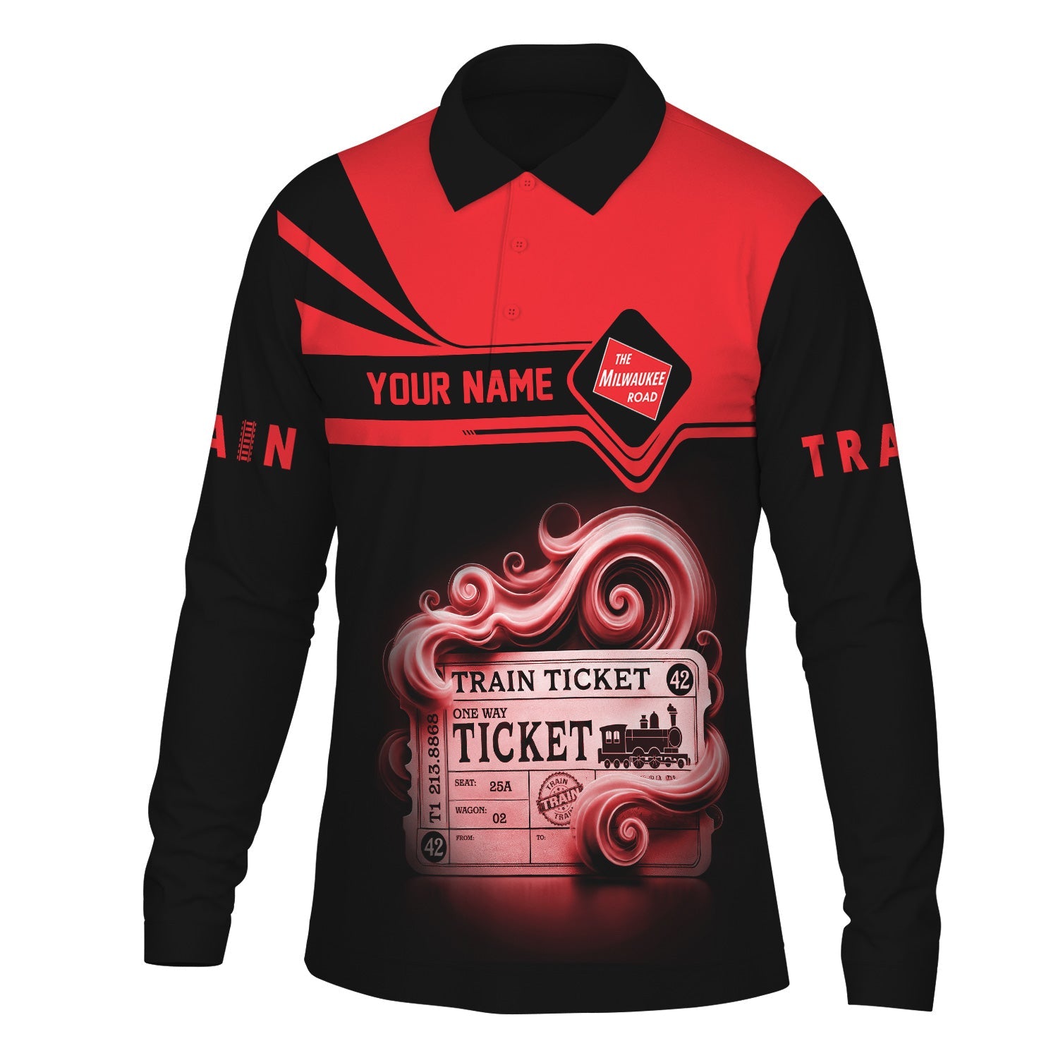 Railspirit Custom Name Chicago, Milwaukee, St. Paul and Pacific Railroad Long Sleeve Polo Shirt Train Ticket Milwaukee Road Printed Shirt