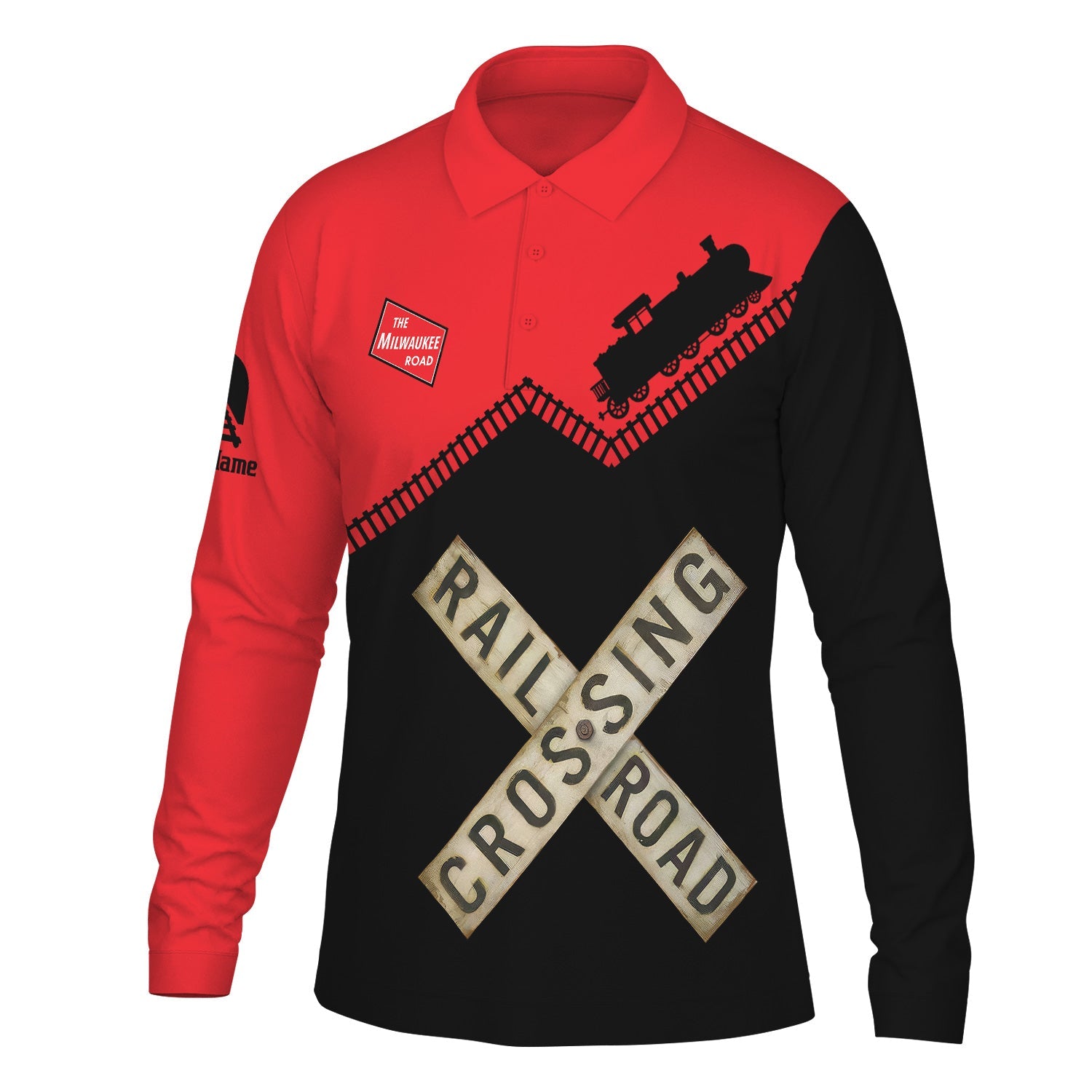 Custom Name Chicago, Milwaukee, St. Paul and Pacific Railroad Long Sleeve Polo Shirt Railroad Crossing Milwaukee Road Printed Train Track Shirt