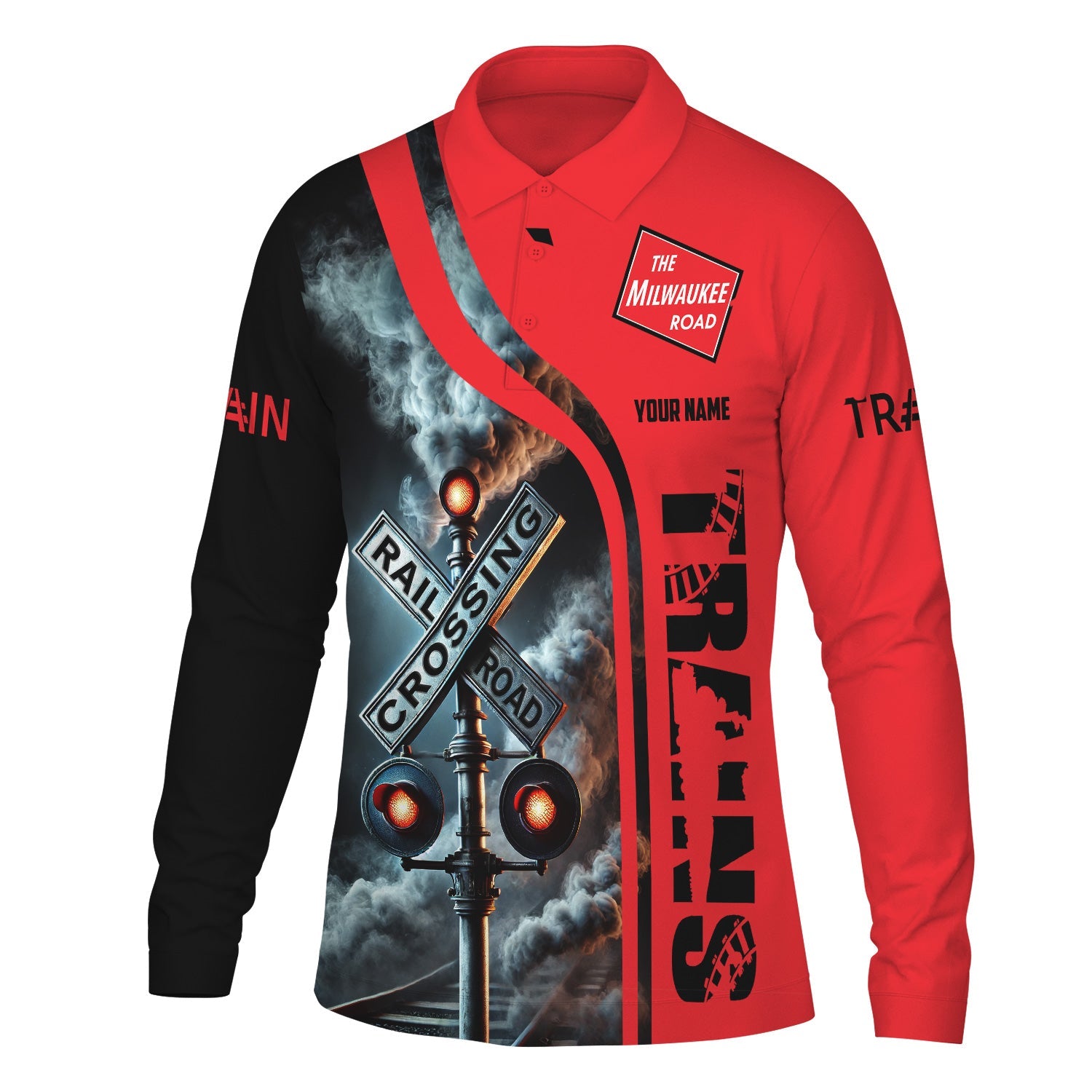 Railspirit Custom Name Chicago, Milwaukee, St. Paul and Pacific Railroad Long Sleeve Polo Shirt Railroad Crossing Sign Milwaukee Road Printed Shirt