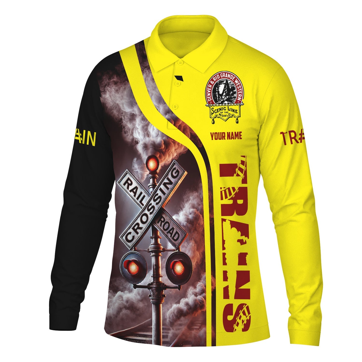 Railspirit Custom Name Denver and Rio Grande Western Railroad Long Sleeve Polo Shirt Railroad Crossing Sign Printed Shirt