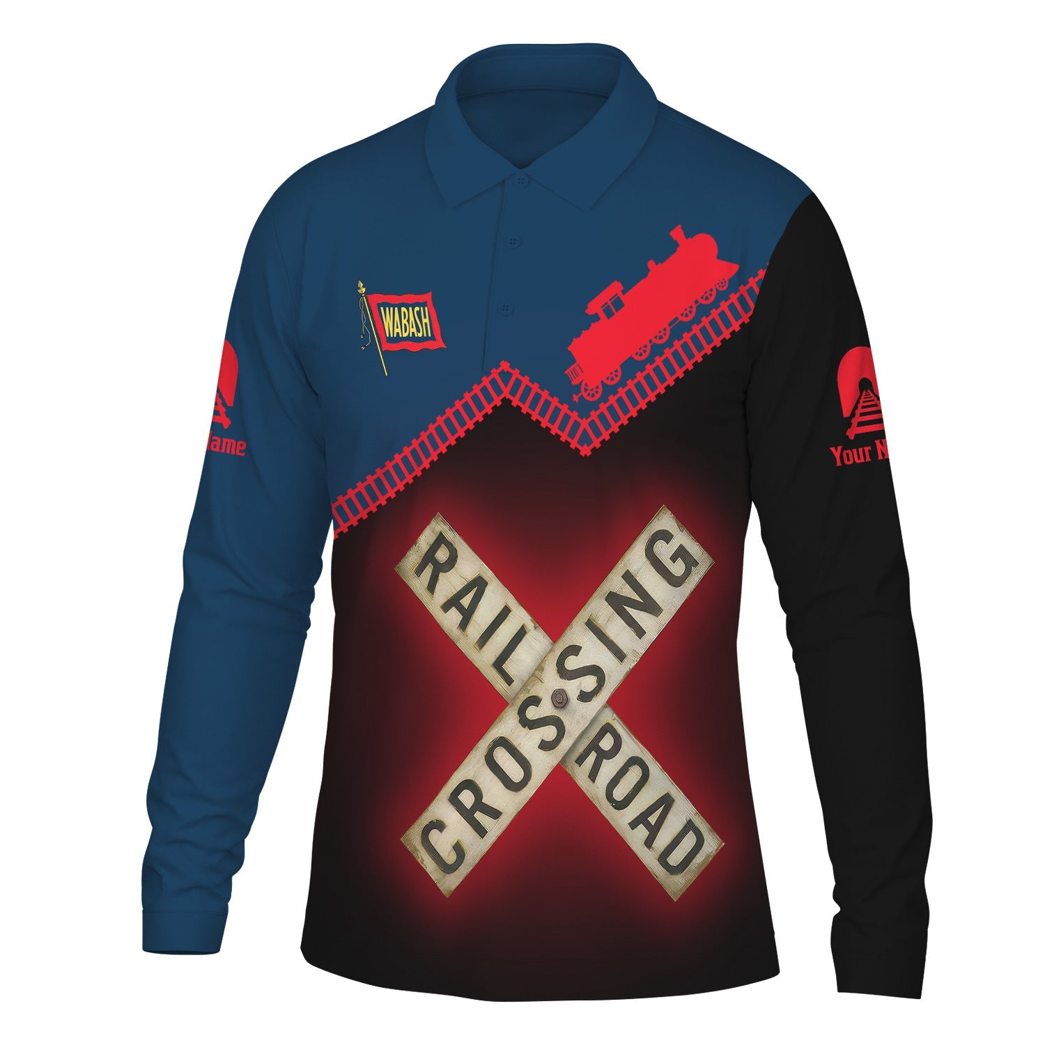 Railspirit Custom Name Wabash Railroad Long Sleeve Polo Shirt Railroad Crossing Printed Train Track Shirt