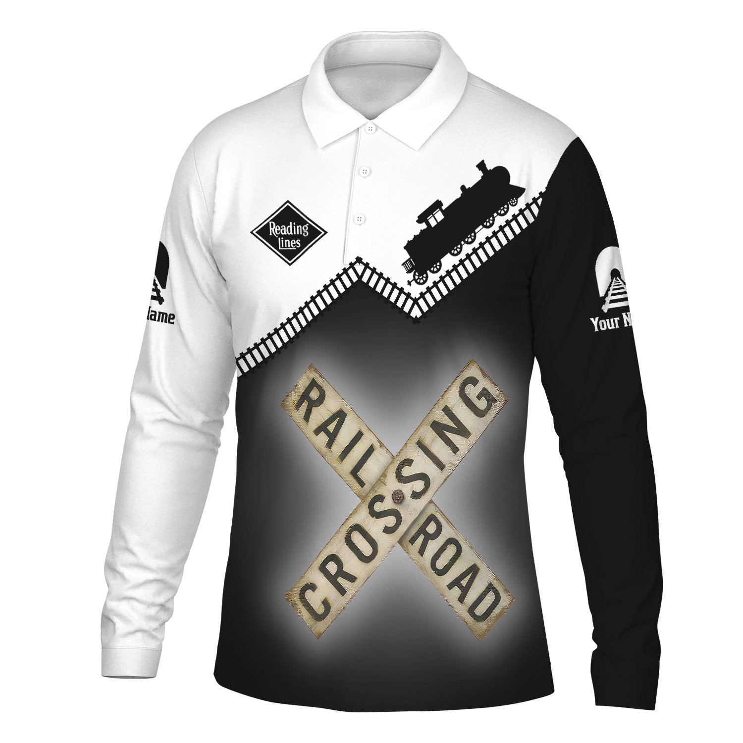 Railspirit Custom Name Reading Railroad Long Sleeve Polo Shirt Railroad Crossing Printed Train Track Shirt