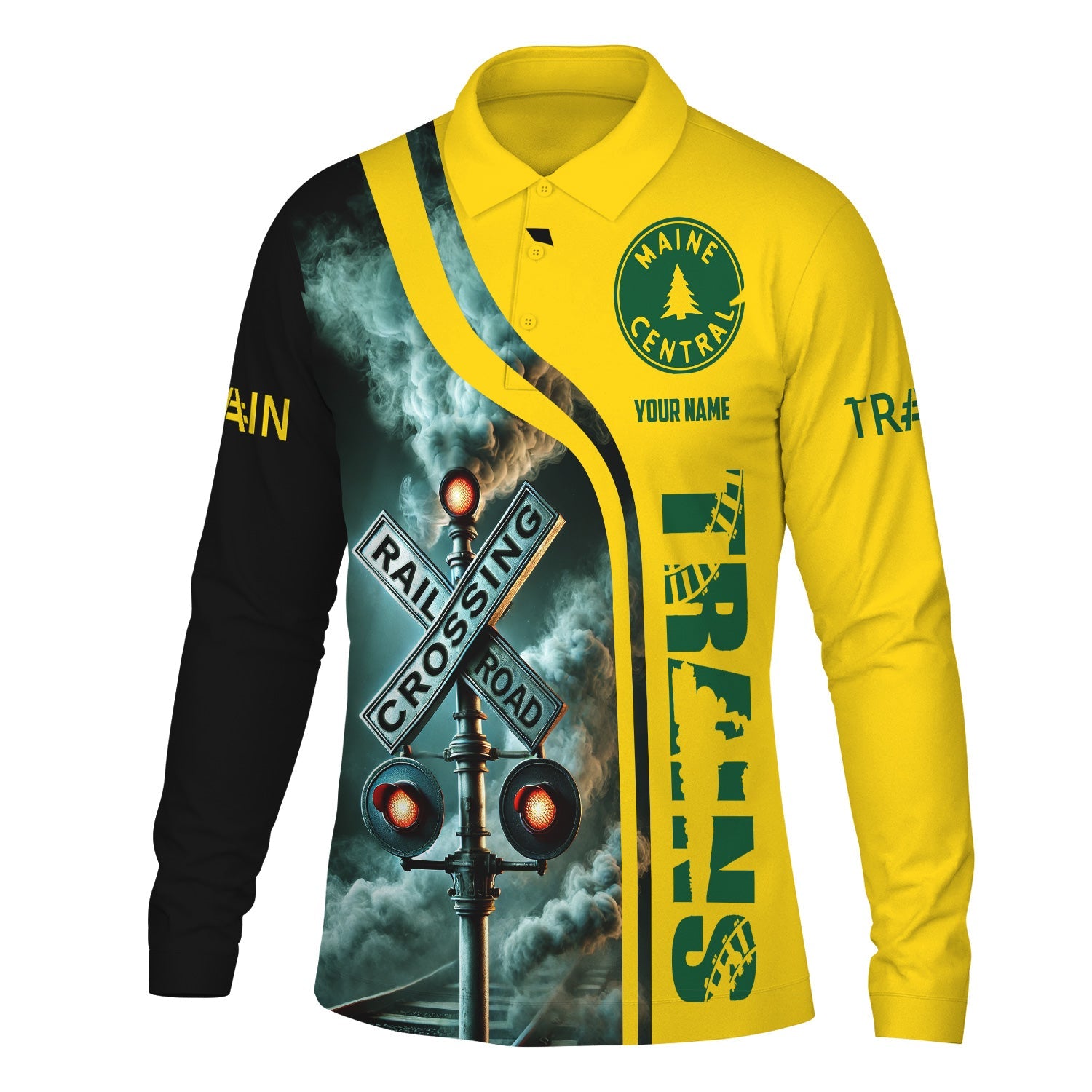 Railspirit Custom Name Maine Central Railroad Long Sleeve Polo Shirt Railroad Crossing Sign Printed Shirt