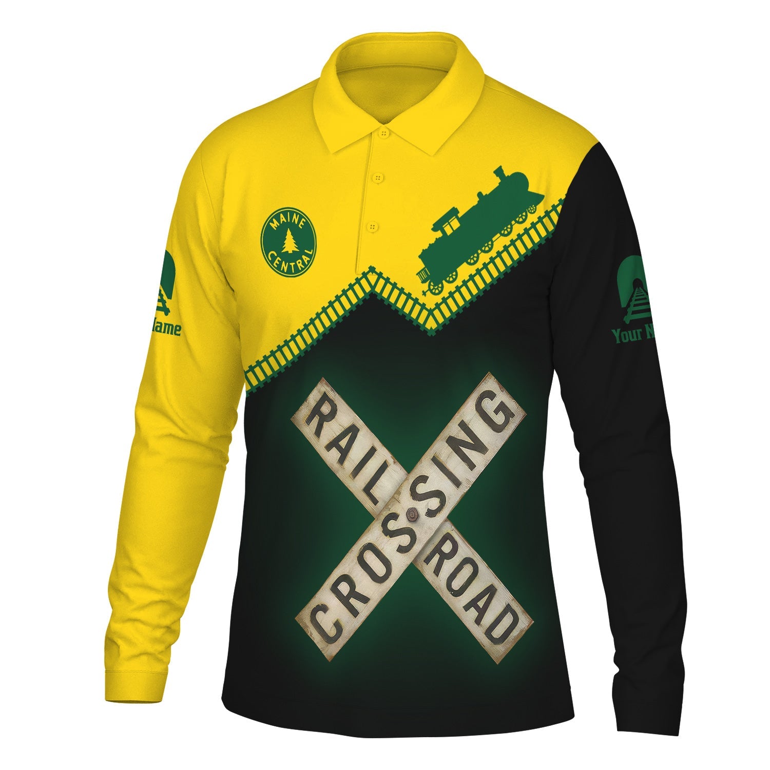 Railspirit Custom Name Maine Central Railroad Long Sleeve Polo Shirt Railroad Crossing Printed Train Track Shirt
