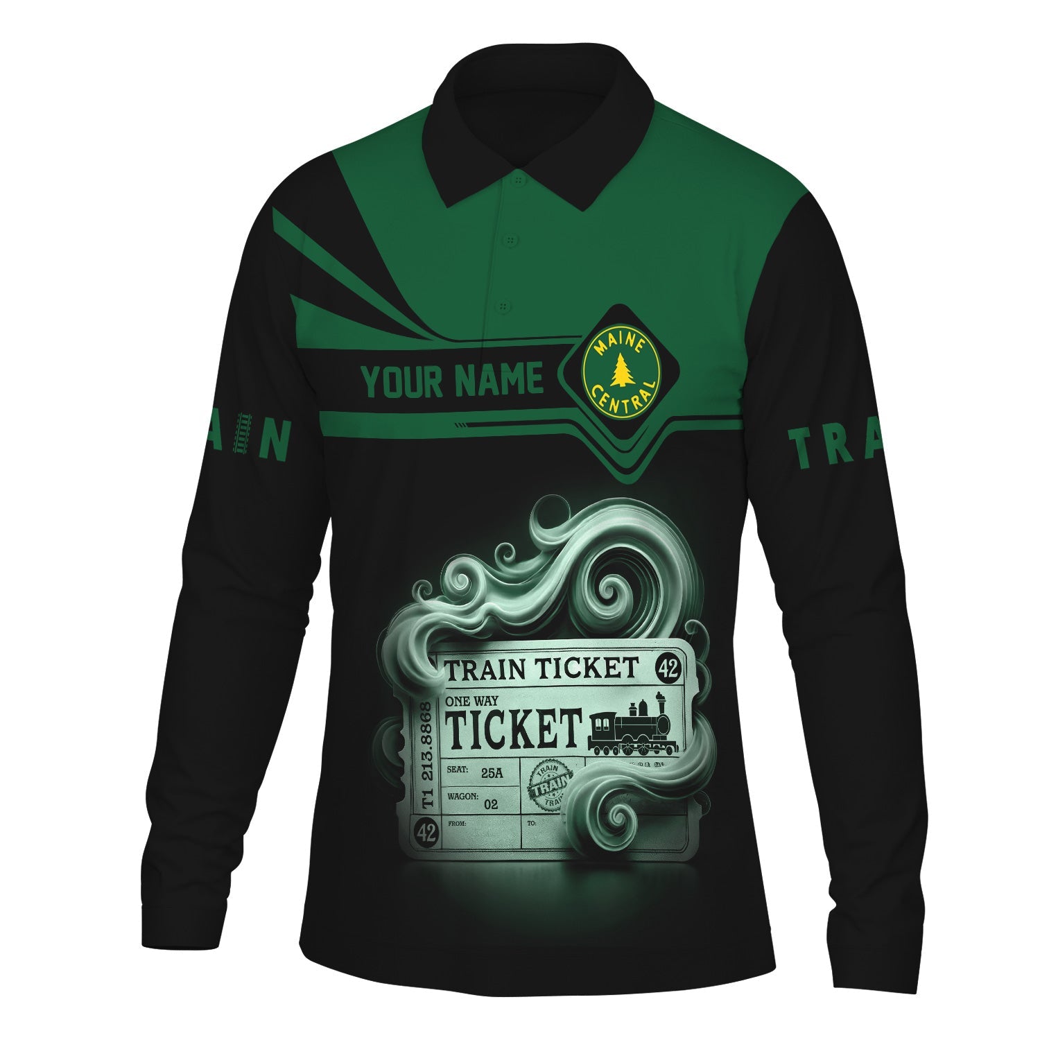 Railspirit Custom Name Maine Central Railroad Long Sleeve Polo Shirt Train Ticket Printed Shirt