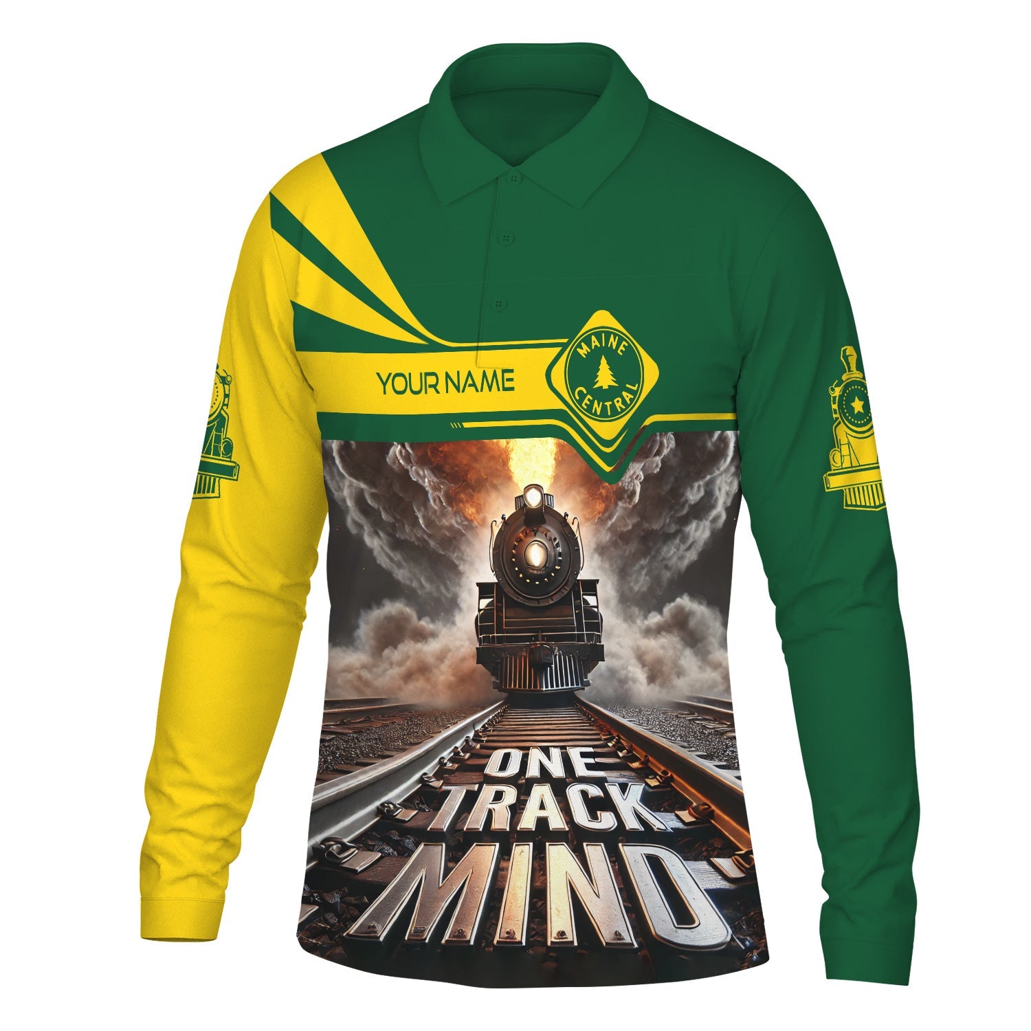 Railspirit Personalized Maine Central Railroad Long Sleeve Polo Shirt One Track Mind Train Printed Shirt
